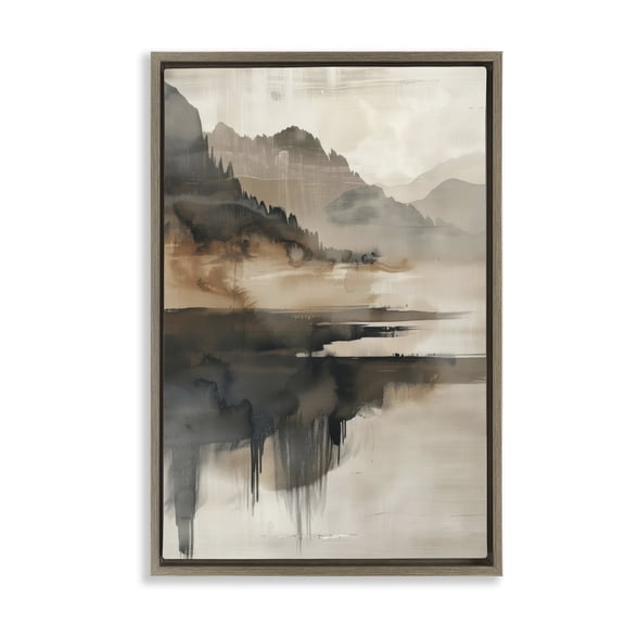 Stupell Industries Layered Opaque Mountain Reflection Landscape & Nature Painting Brown Floater Framed Canvas Art Print Wall Art, 17 x 25