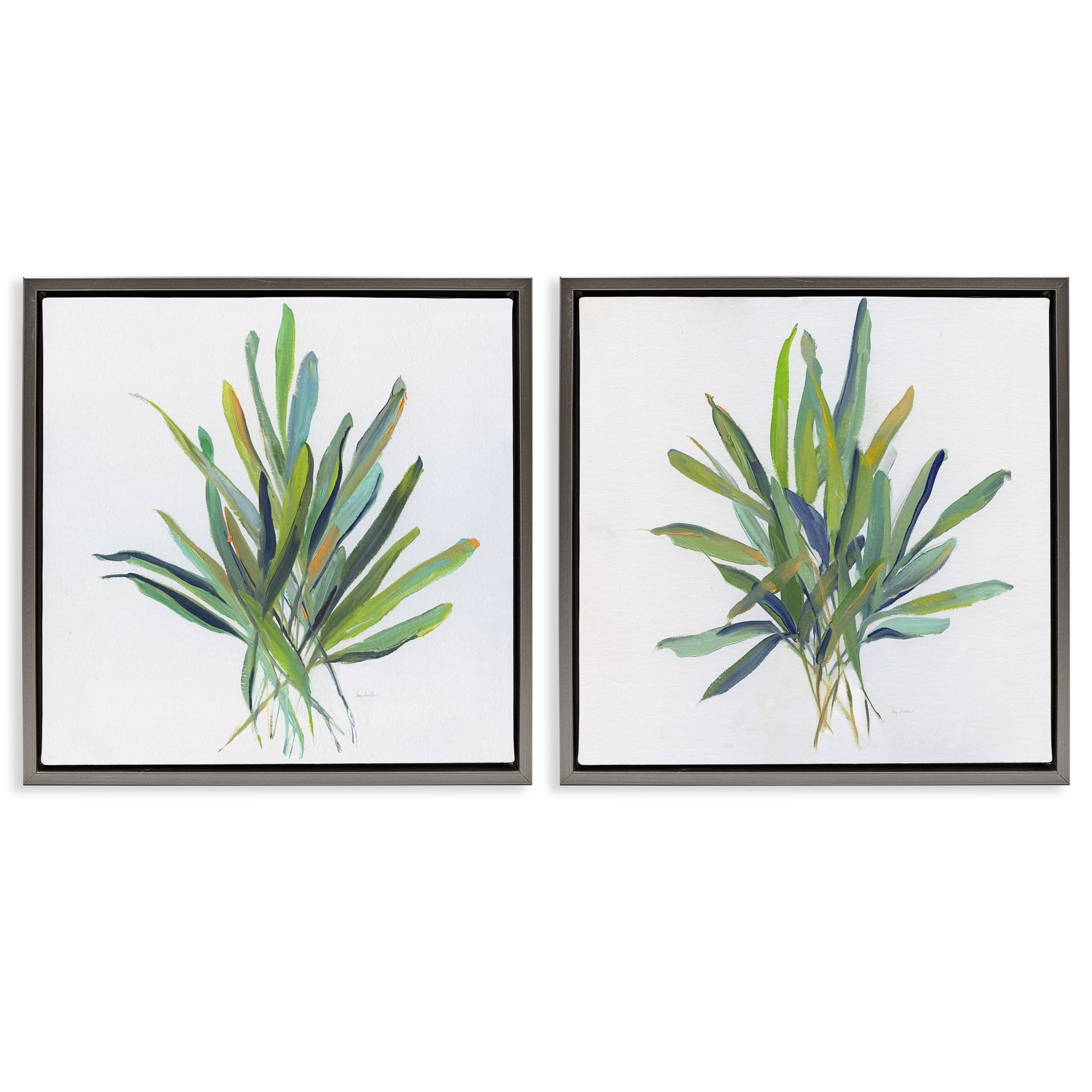 Stupell Industries Layered Plant Sprigs Plants & Flowers Painting Gray Floater Framed Canvas Art Print Wall Art, 18 x 18, Set of 2