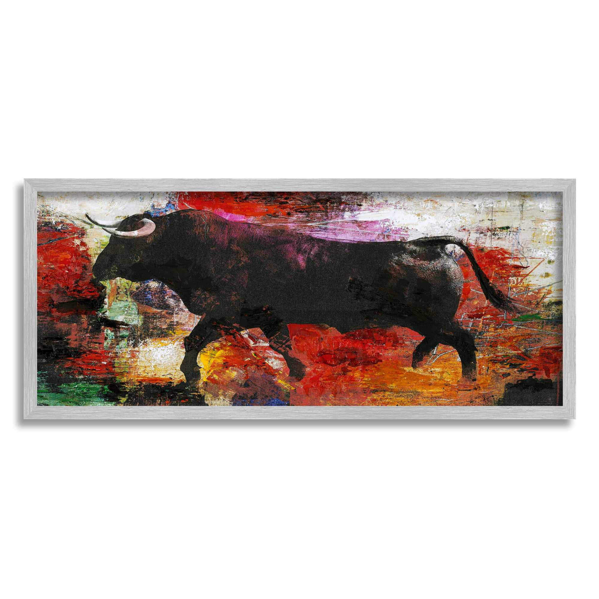 Stupell Industries Layered Street Style Racing Bull Vivid Red Splatter Painting Gray Framed Art Print Wall Art, Design by Design Fabrikken