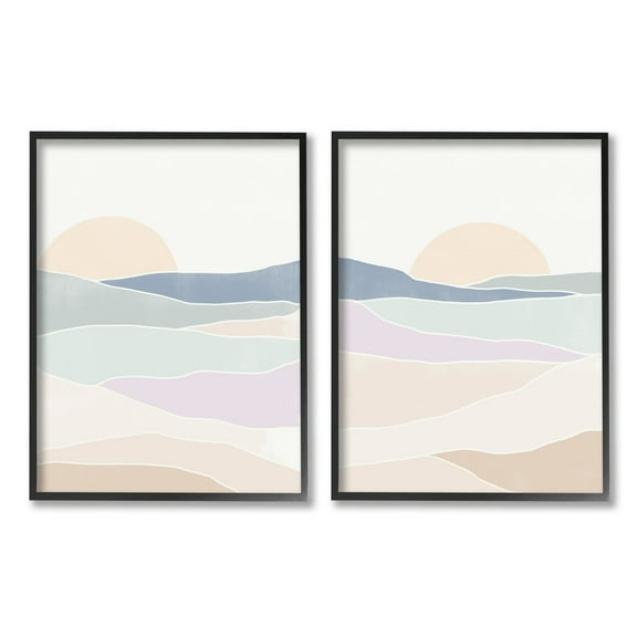 Stupell Industries Layered Sunrise Landscape Scenery Abstract Landforms Graphic Art Black Framed Art Print Wall Art, Set of 2, Design by June Erica Vess