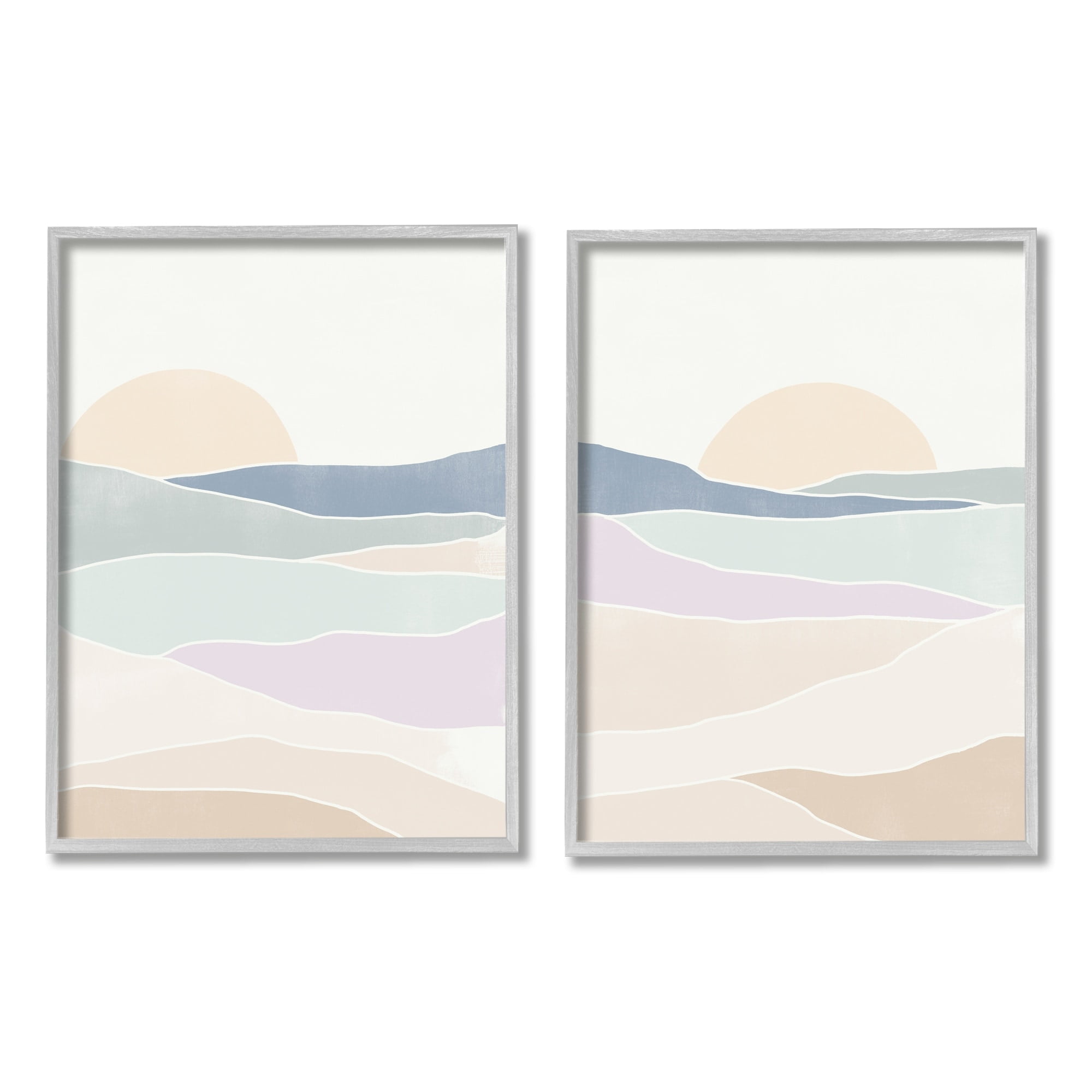 Stupell Industries Layered Sunrise Landscape Scenery Abstract Landforms Graphic Art Gray Framed Art Print Wall Art, Set of 2, Design by June Erica Vess