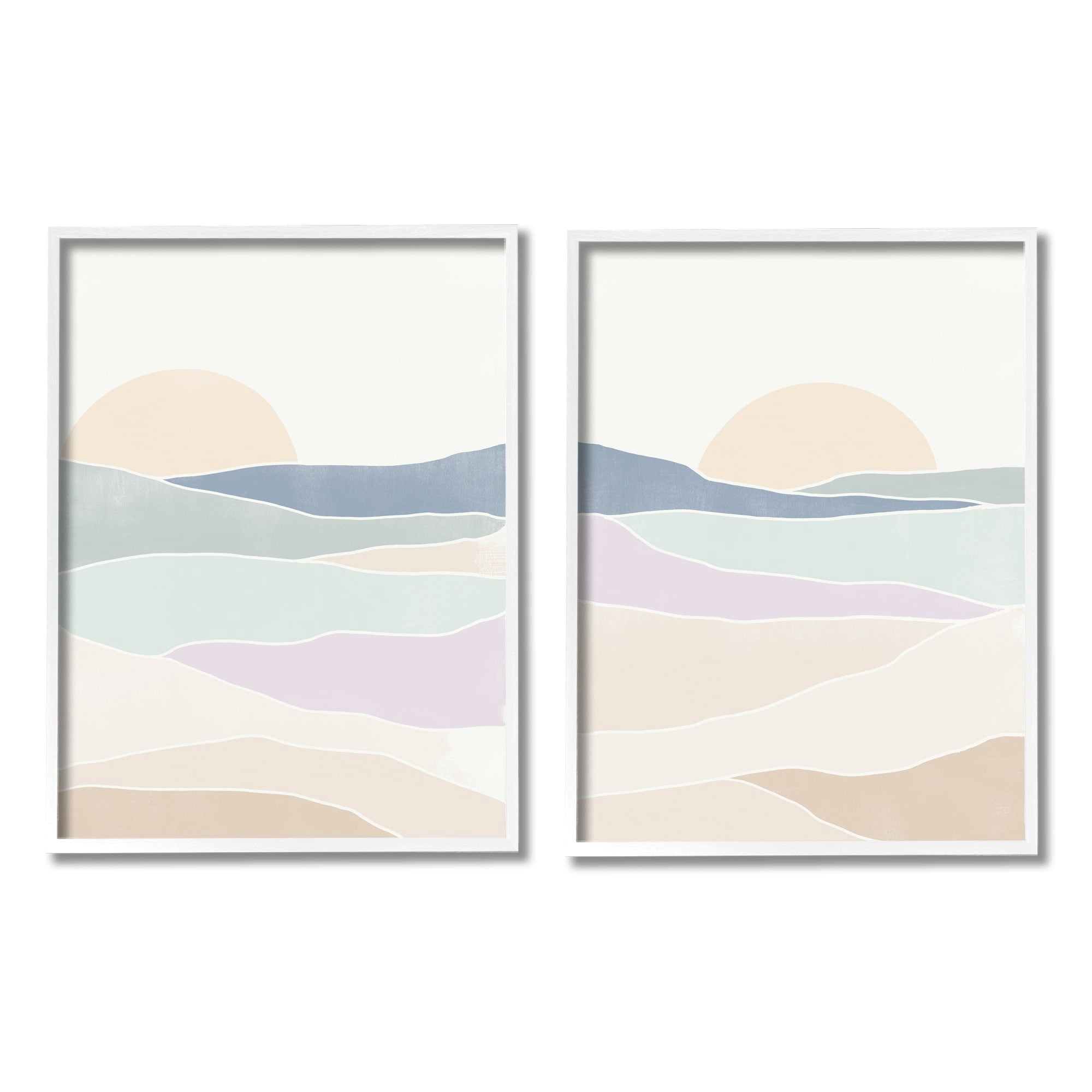 Stupell Industries Layered Sunrise Landscape Scenery Abstract Landforms Graphic Art White Framed Art Print Wall Art, Set of 2, Design by June Erica Vess