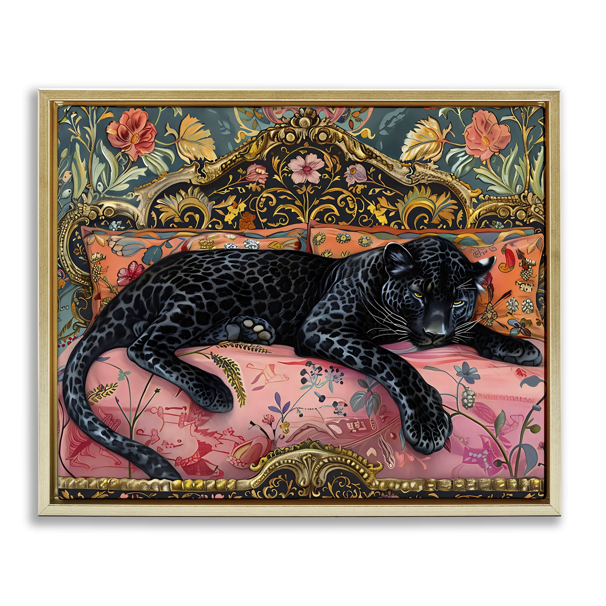 Stupell Industries Lazy Black Elegant Leopard Gold Framed Floater Canvas Wall Art, design by Creative Studio