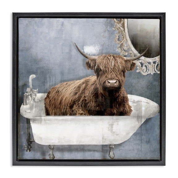 Stupell Industries Le Bain Bleu Cattle Black Framed Floater Canvas Wall Art design by Sophie 6, 25 x 25