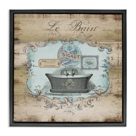 Stupell Industries Le Bain Vintage Style Bath Typography Painting Black Floater Framed Canvas Art Print Wall Art, 18 x 18