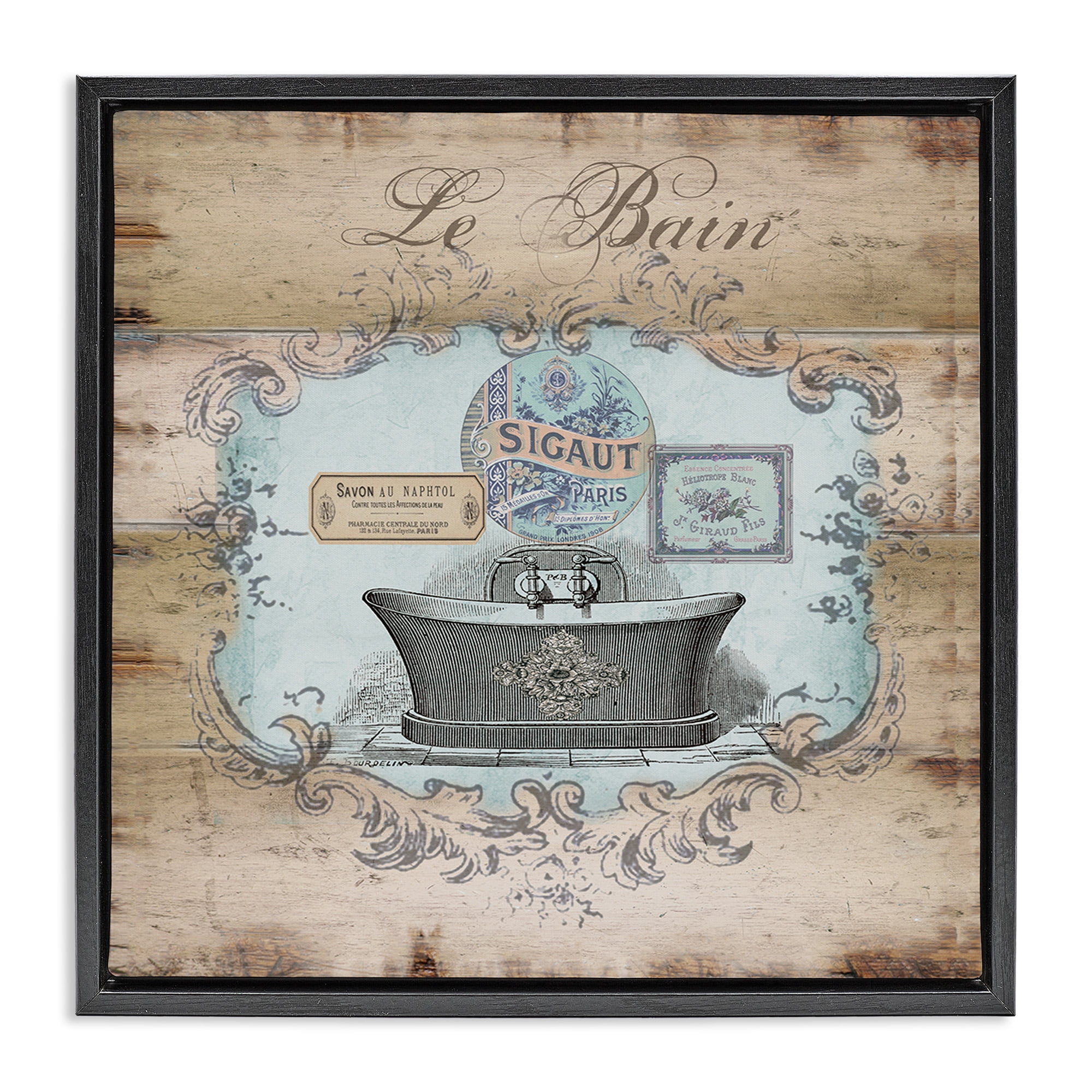 Stupell Industries Le Bain Vintage Style Bath Typography Painting Black Floater Framed Canvas Art Print Wall Art, 25 x 25