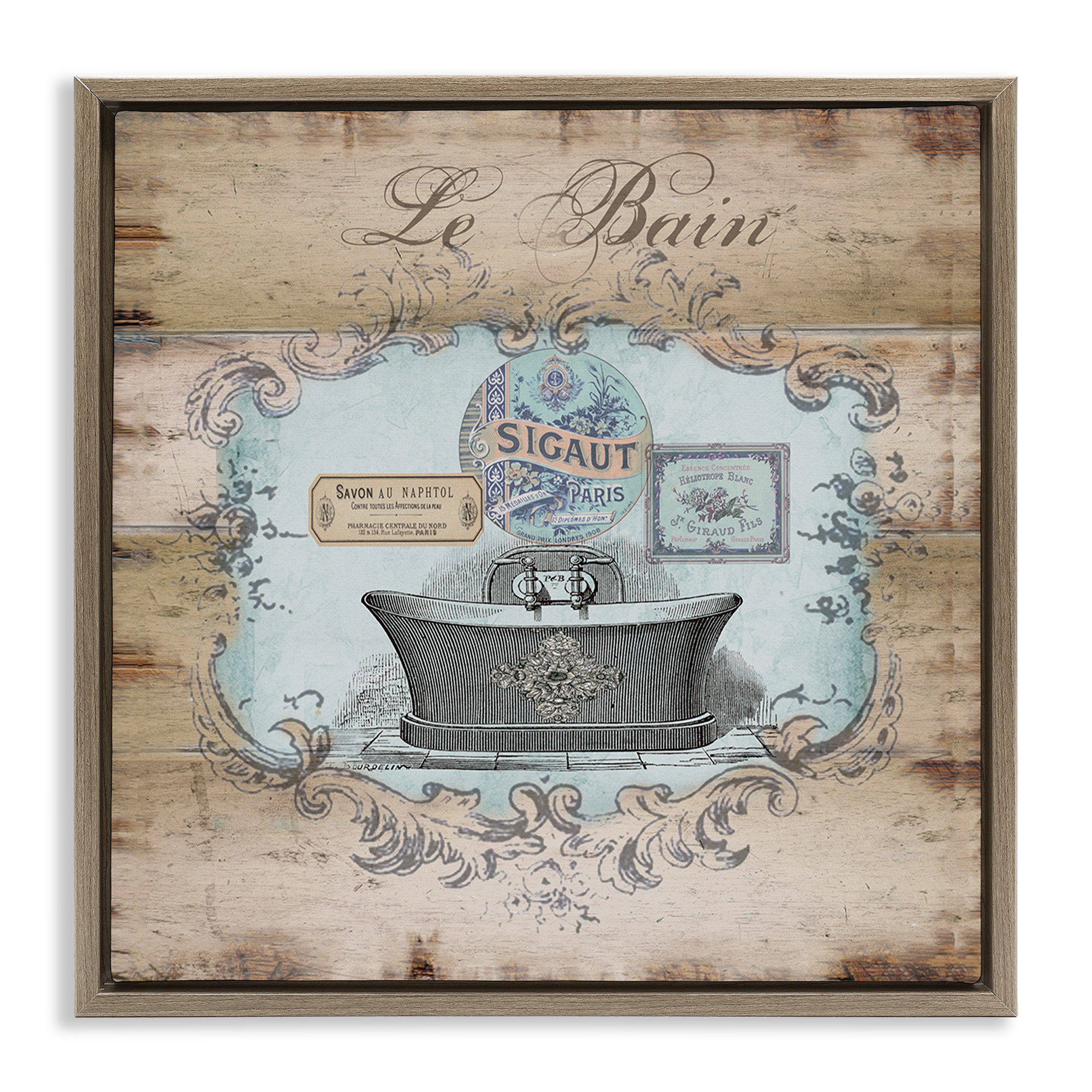 Stupell Industries Le Bain Vintage Style Bath Typography Painting Brown Floater Framed Canvas Art Print Wall Art, 18 x 18