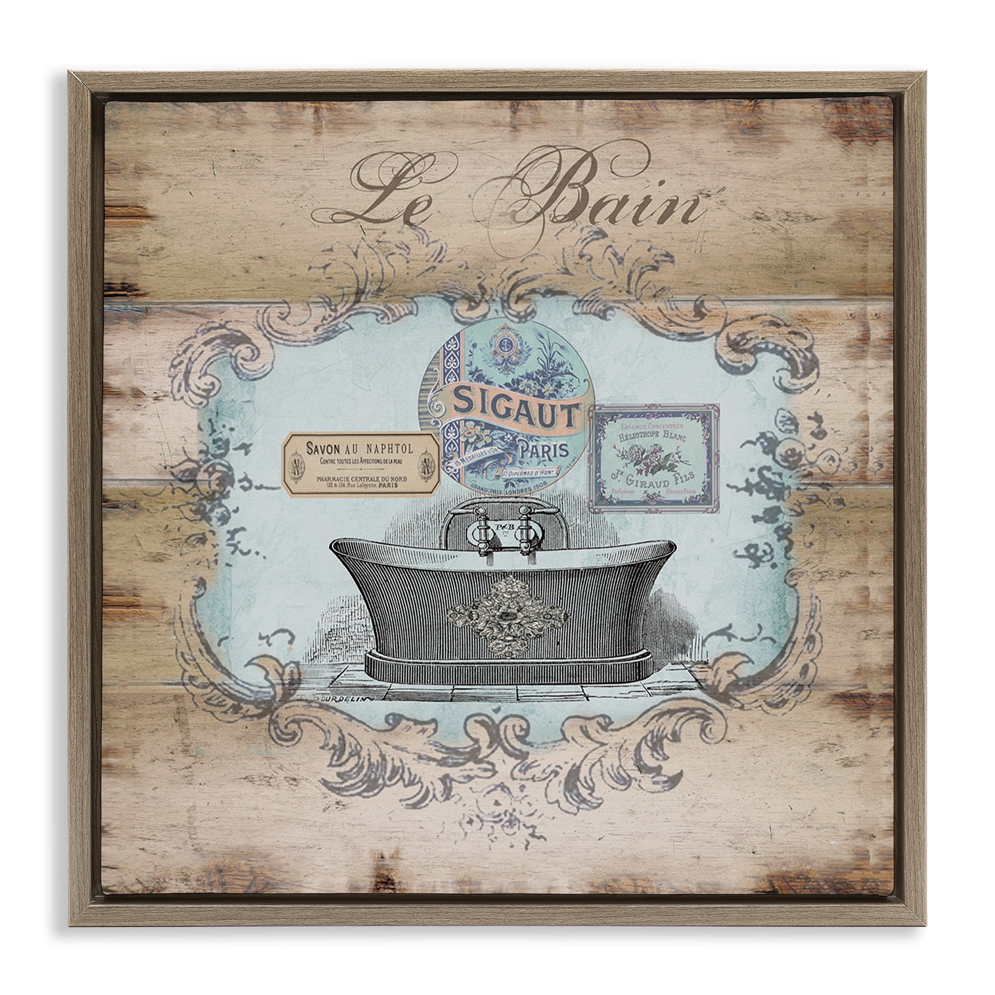 Stupell Industries Le Bain Vintage Style Bath Typography Painting Brown Floater Framed Canvas Art Print Wall Art, 25 x 25