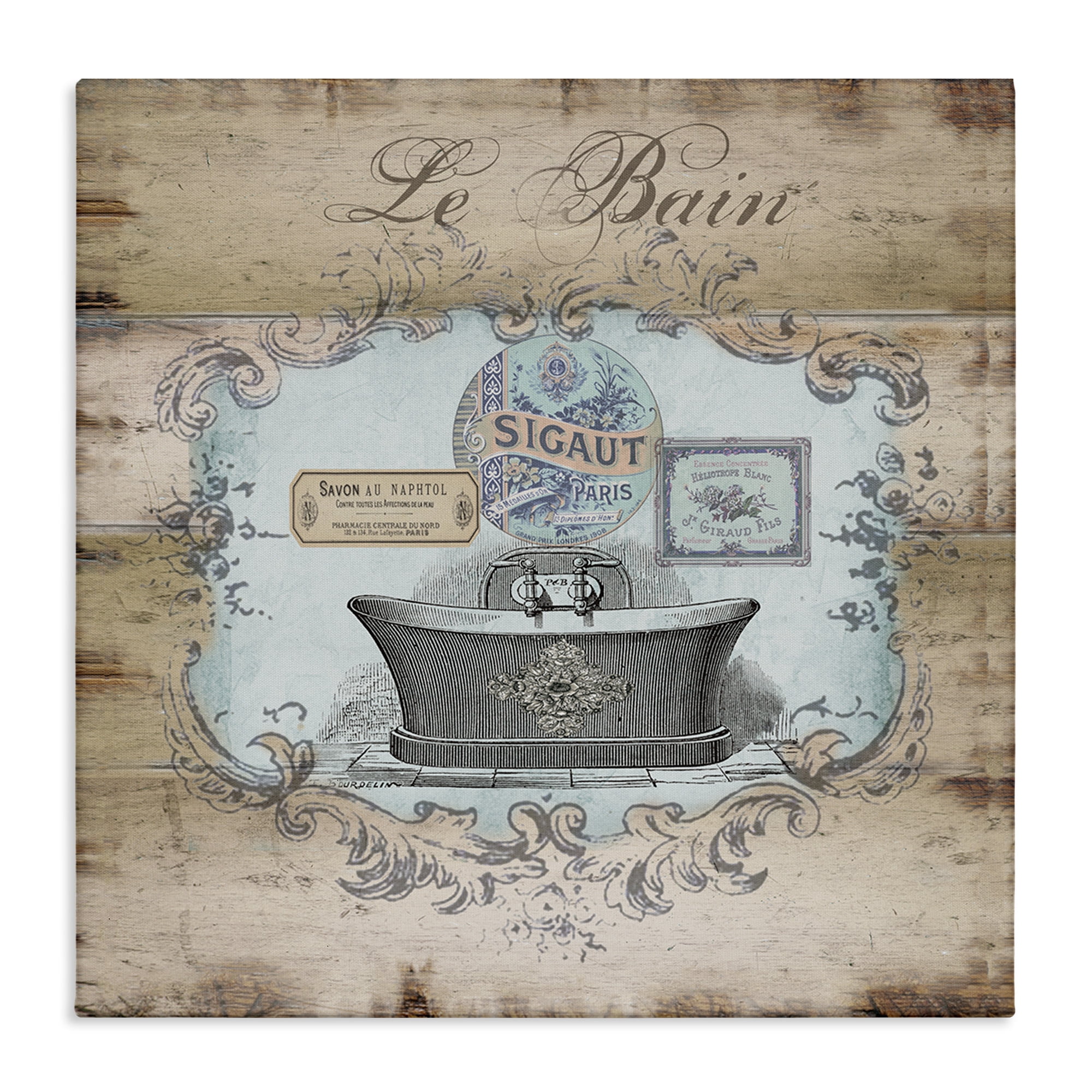 Stupell Industries Le Bain Vintage Style Bath Typography Painting Gallery Wrapped Canvas Art Print Wall Art, 24 x 24