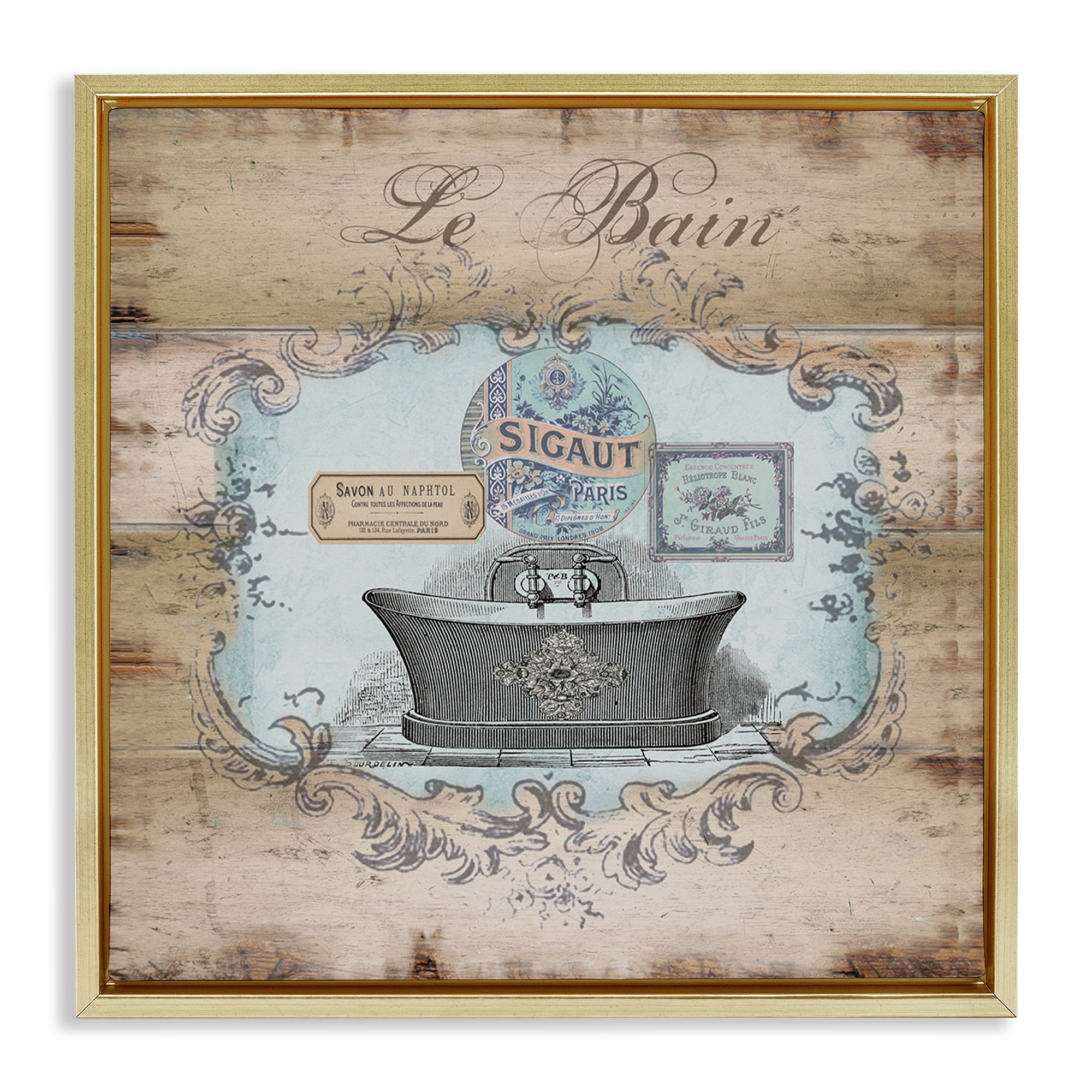 Stupell Industries Le Bain Vintage Style Bath Typography Painting Gold Floater Framed Canvas Art Print Wall Art, 18 x 18