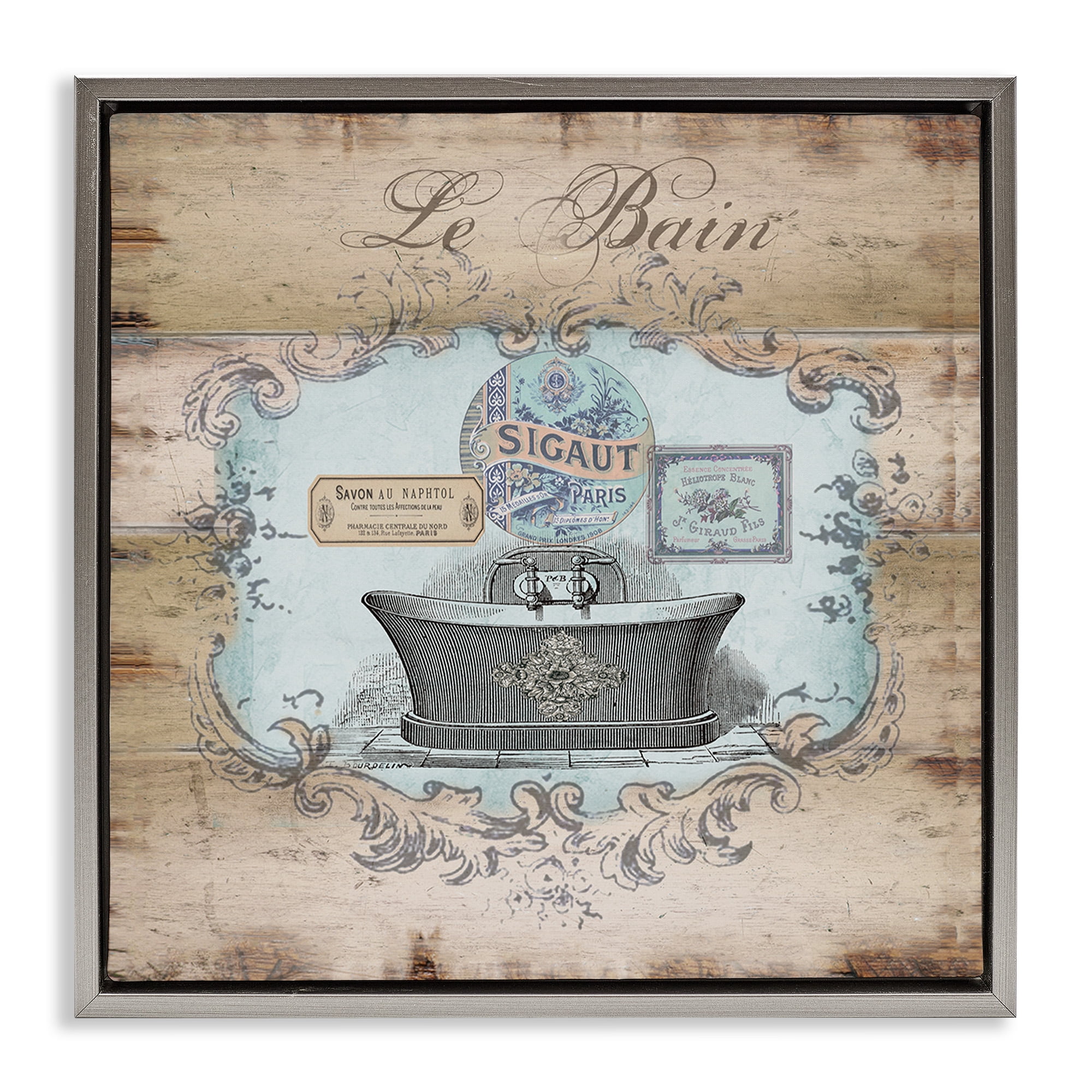 Stupell Industries Le Bain Vintage Style Bath Typography Painting Gray Floater Framed Canvas Art Print Wall Art, 18 x 18