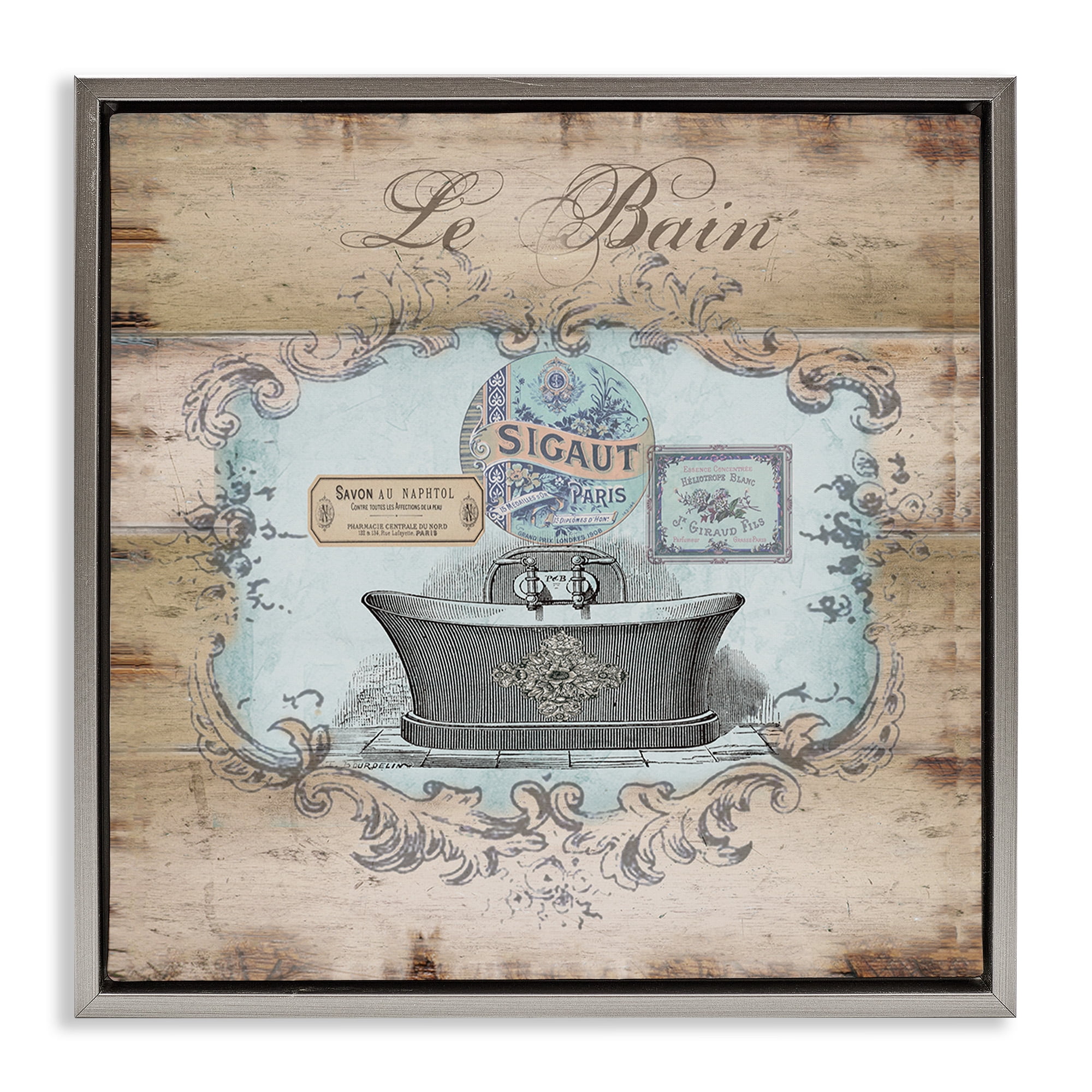 Stupell Industries Le Bain Vintage Style Bath Typography Painting Gray Floater Framed Canvas Art Print Wall Art, 25 x 25