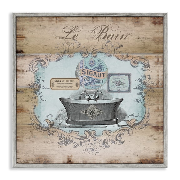 Stupell Industries Le Bain Vintage Style Bath Typography Painting Gray Framed Art Print Wall Art, 24 x 24