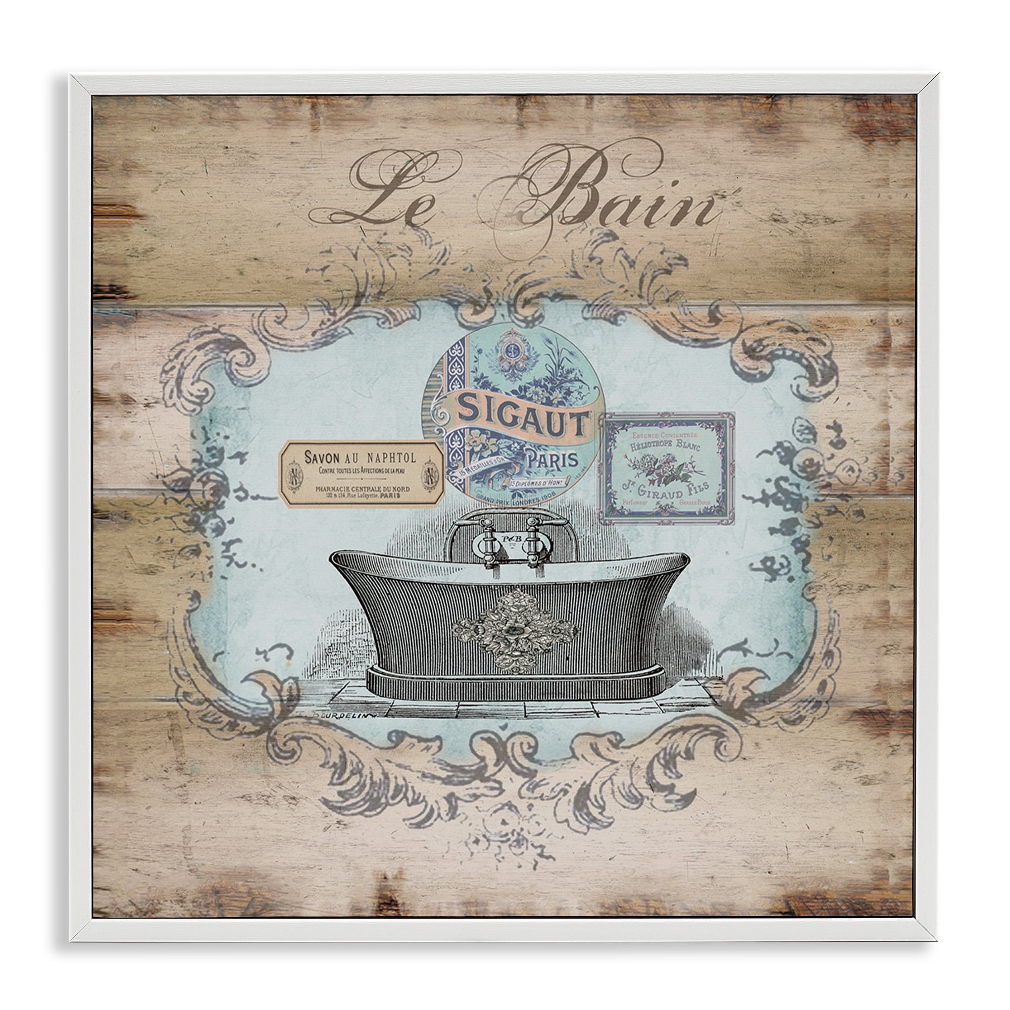 Stupell Industries Le Bain Vintage Style Bath Typography Painting White Framed Art Print Wall Art, 24 x 24