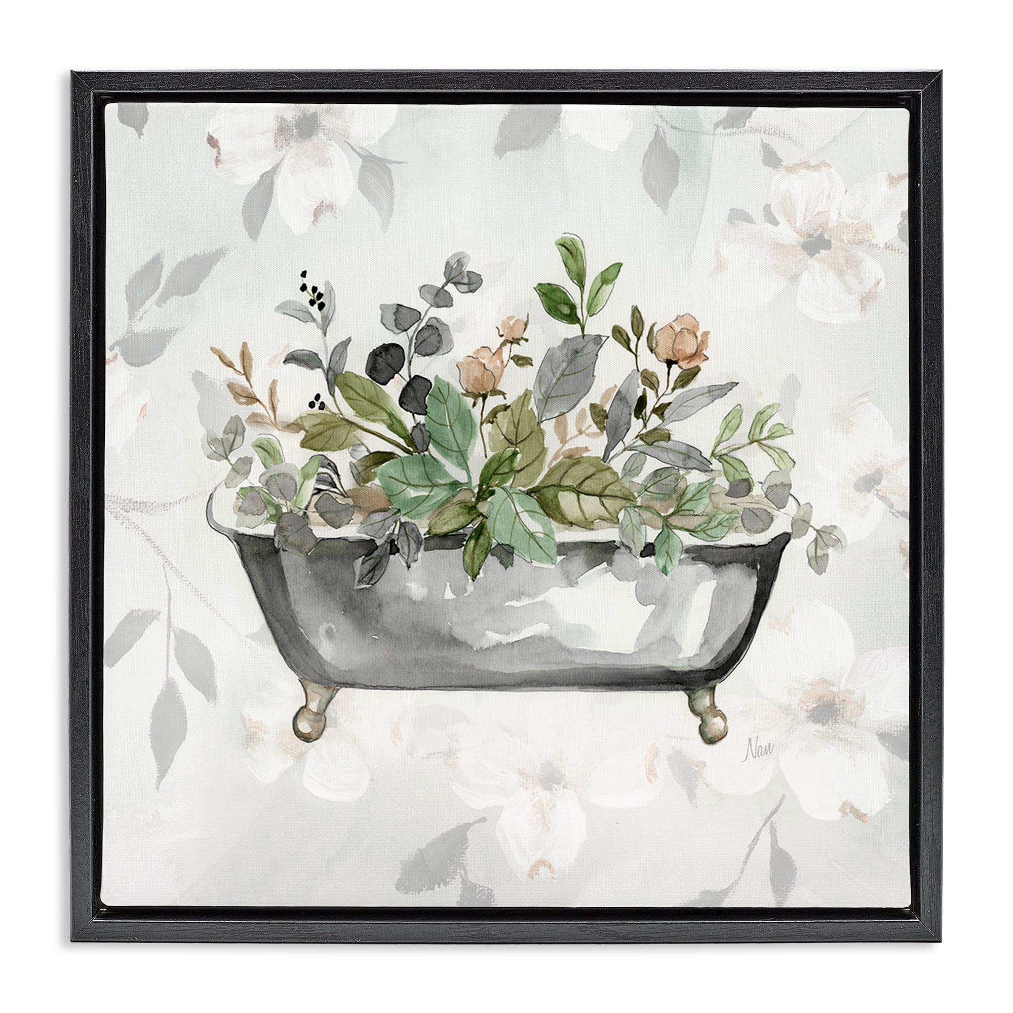 Stupell Industries Leaf Patterned Bath Typography Painting Black Floater Framed Canvas Art Print Wall Art, 18 x 18