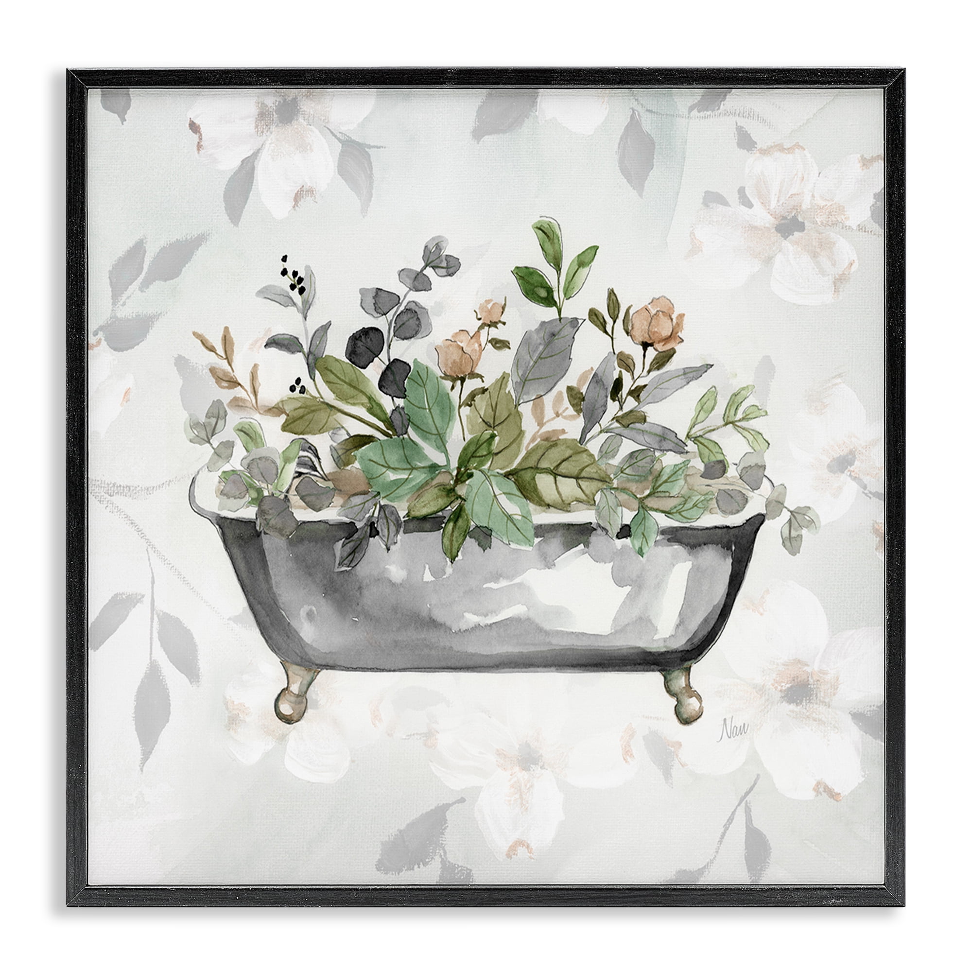 Stupell Industries Leaf Patterned Bath Typography Painting Black Framed Art Print Wall Art, 24 x 24
