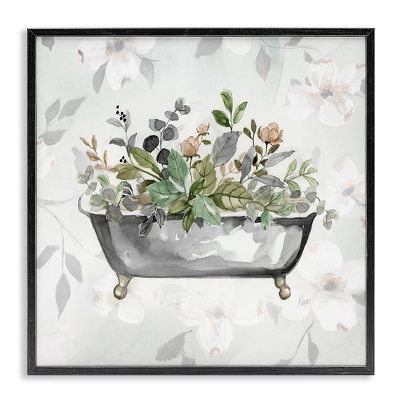Stupell Industries French Country Leaf Patterned Bath Black Framed Giclee Art, 24 x 24, by Nan