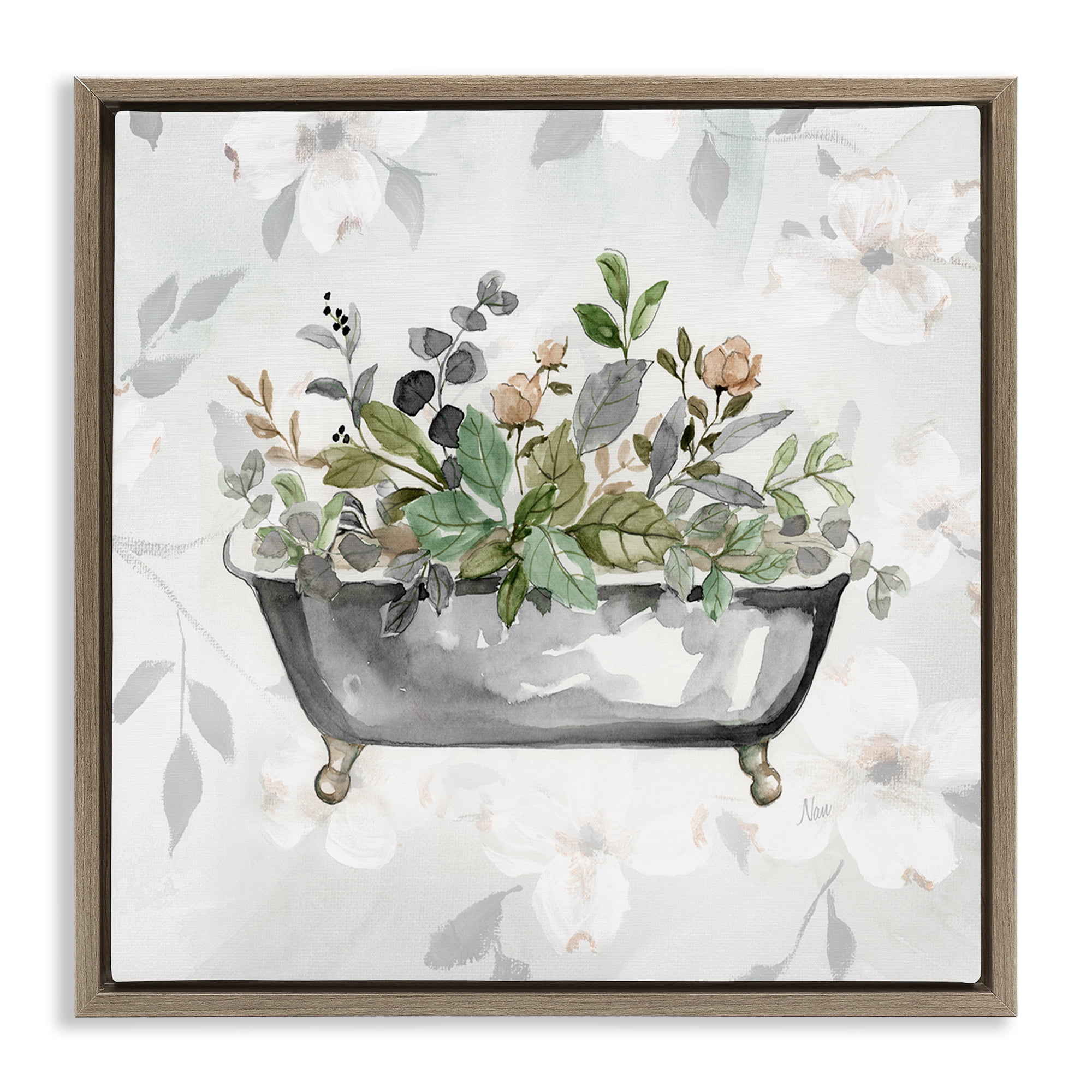 Stupell Industries Leaf Patterned Bath Typography Painting Brown Floater Framed Canvas Art Print Wall Art, 18 x 18