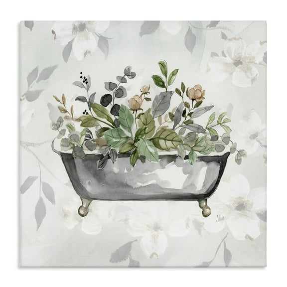 Stupell Industries Leaf Patterned Bath Typography Painting Gallery Wrapped Canvas Art Print Wall Art, 17 x 17