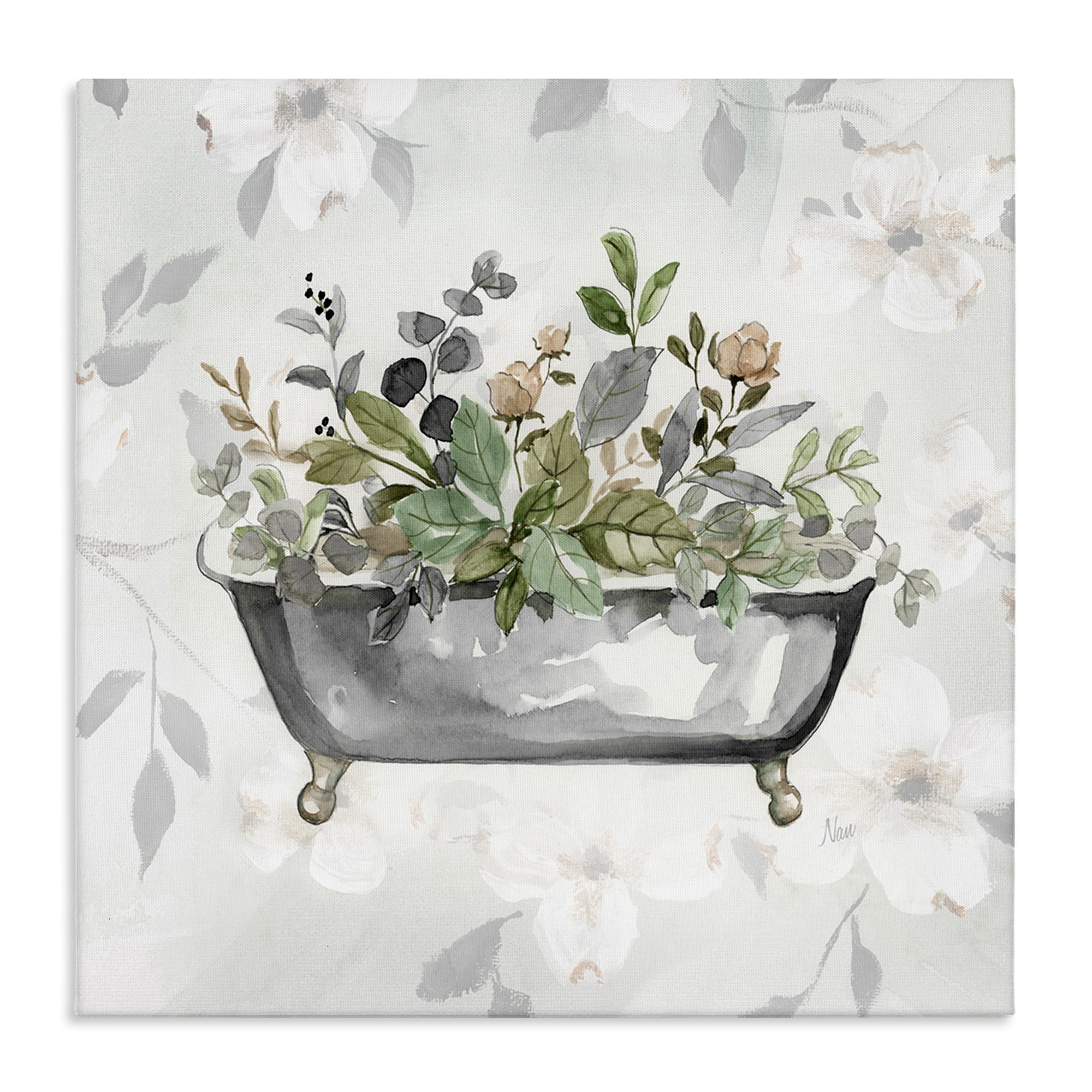 Stupell Industries Leaf Patterned Bath Typography Painting Gallery Wrapped Canvas Art Print Wall Art, 30 x 30