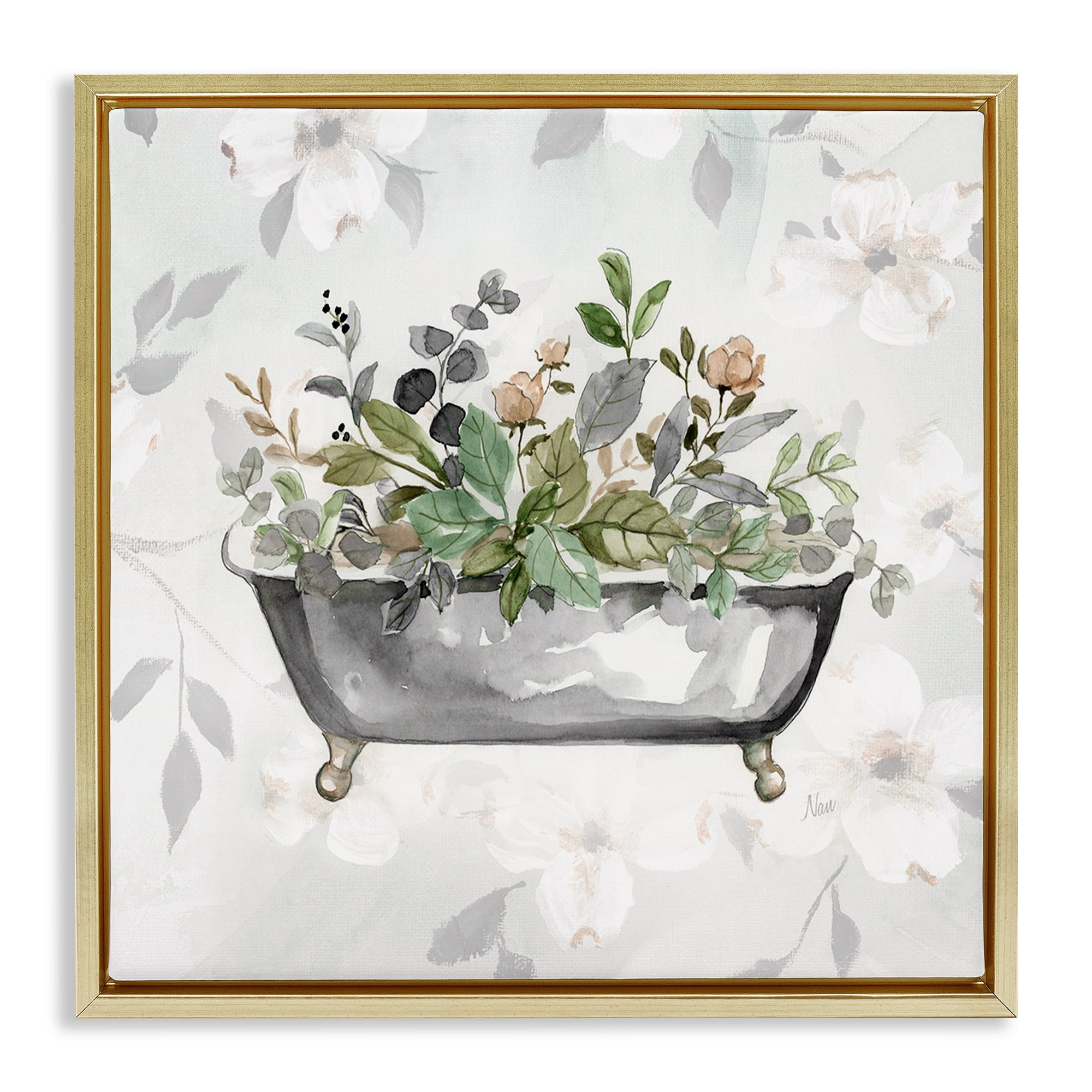 Stupell Industries Leaf Patterned Bath Typography Painting Gold Floater Framed Canvas Art Print Wall Art, 18 x 18