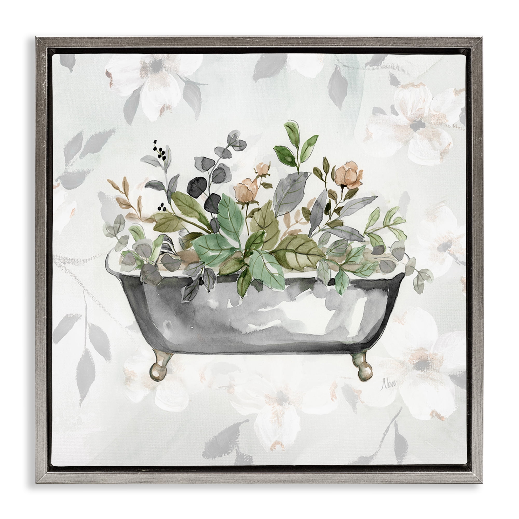 Stupell Industries Leaf Patterned Bath Typography Painting Gray Floater Framed Canvas Art Print Wall Art, 18 x 18