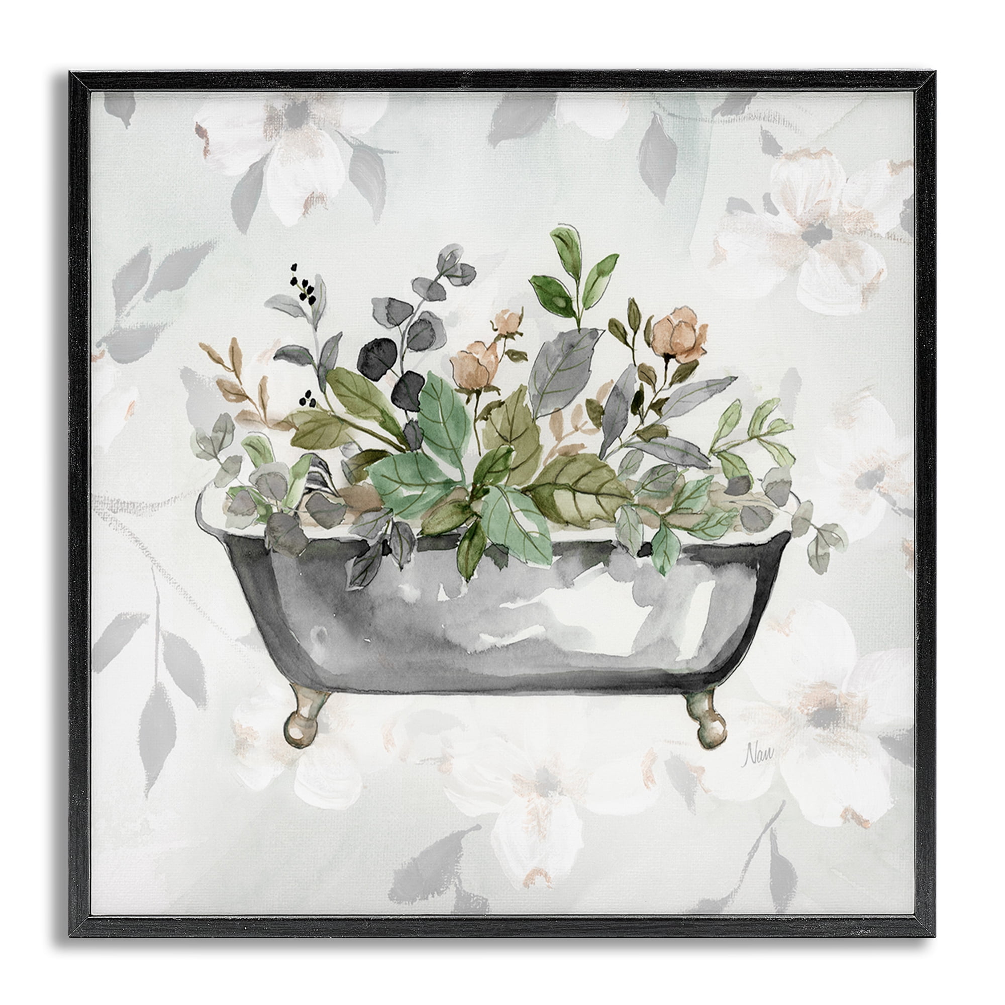 Stupell Industries Leaf Patterned Bath Typography Painting Gray Framed Art Print Wall Art, 12 x 12