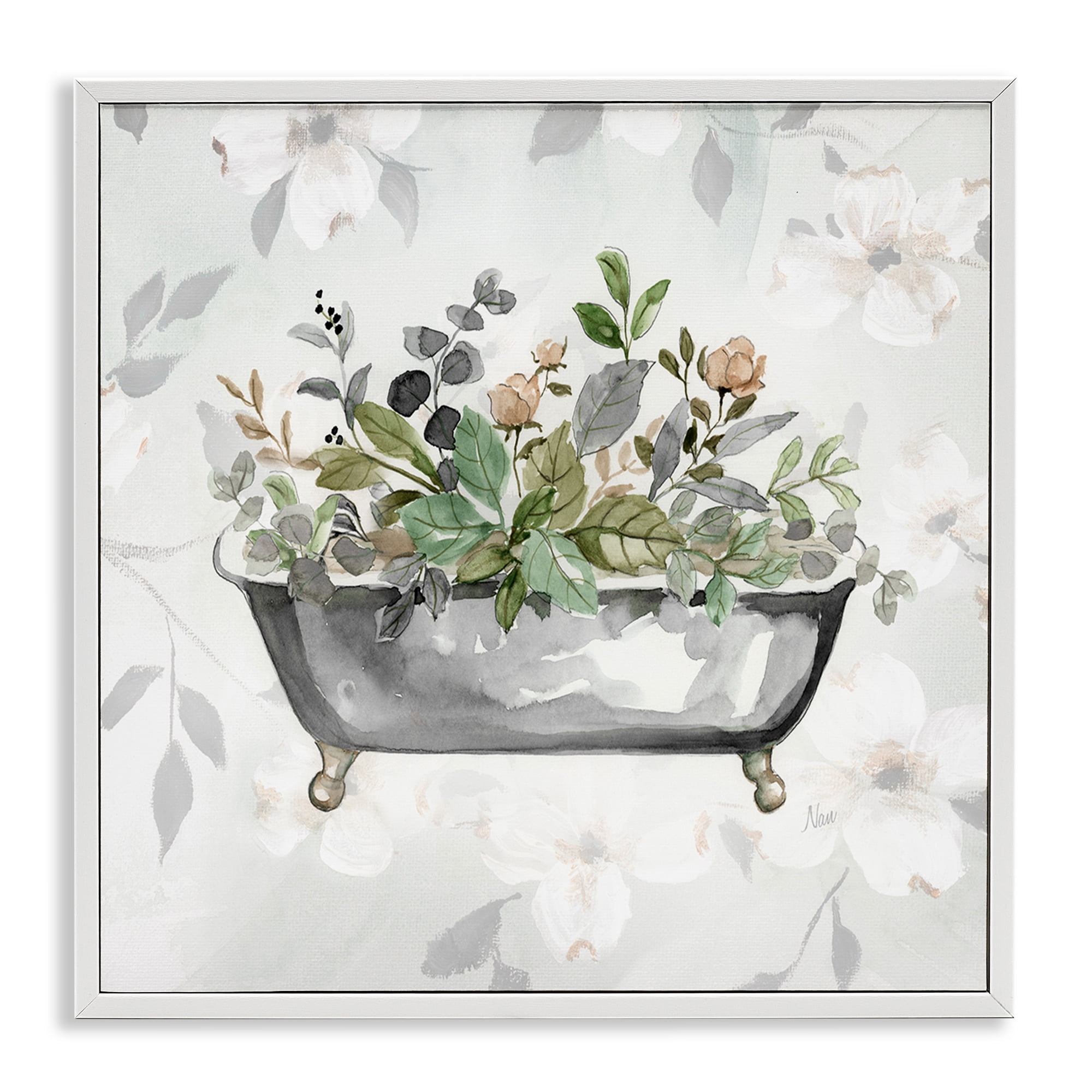 Stupell Industries Leaf Patterned Bath Typography Painting White Framed Art Print Wall Art, 12 x 12
