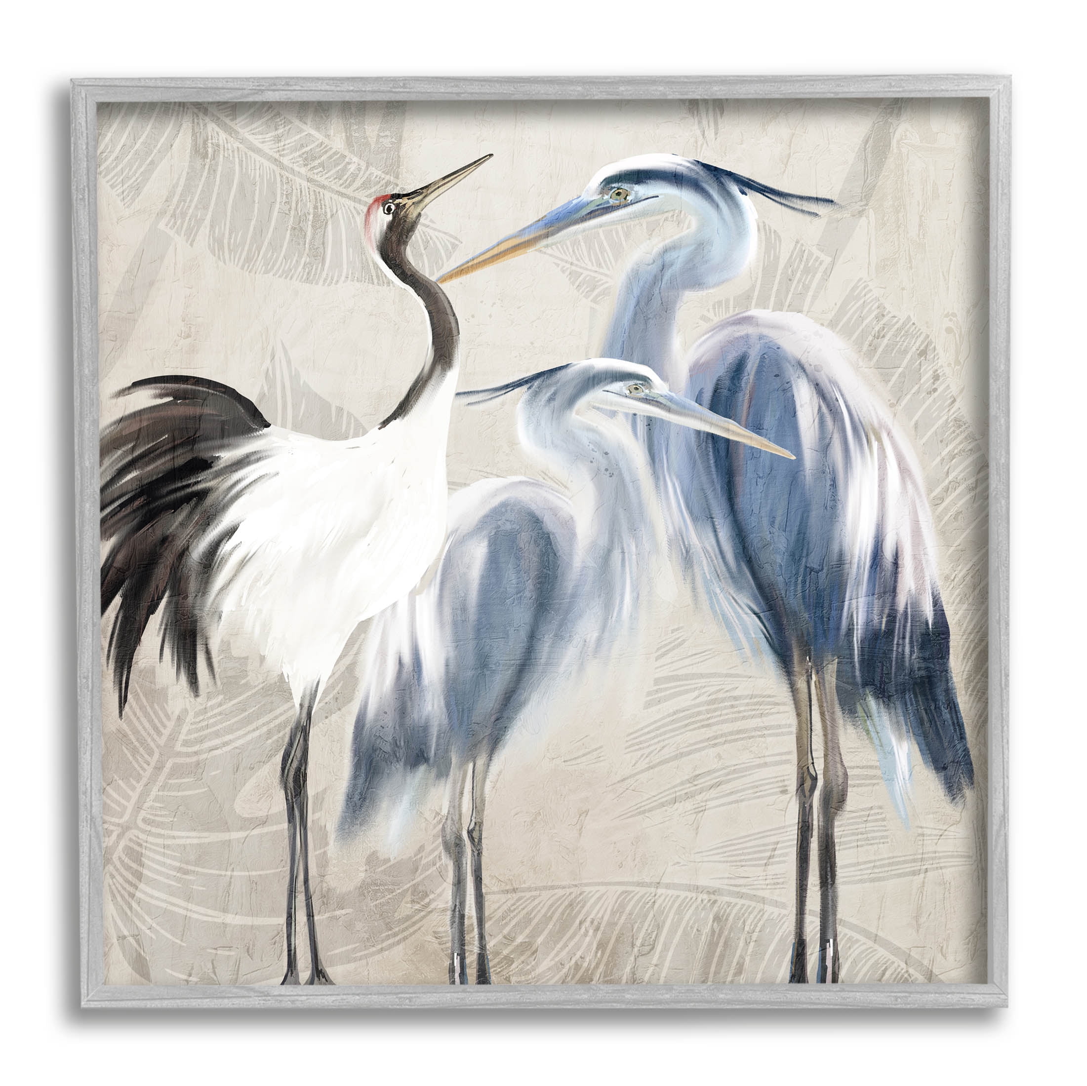 Stupell Industries Leaf Patterned Crane Heron Birds Graphic Art Gray Framed Art Print Wall Art, Design by Kim Allen
