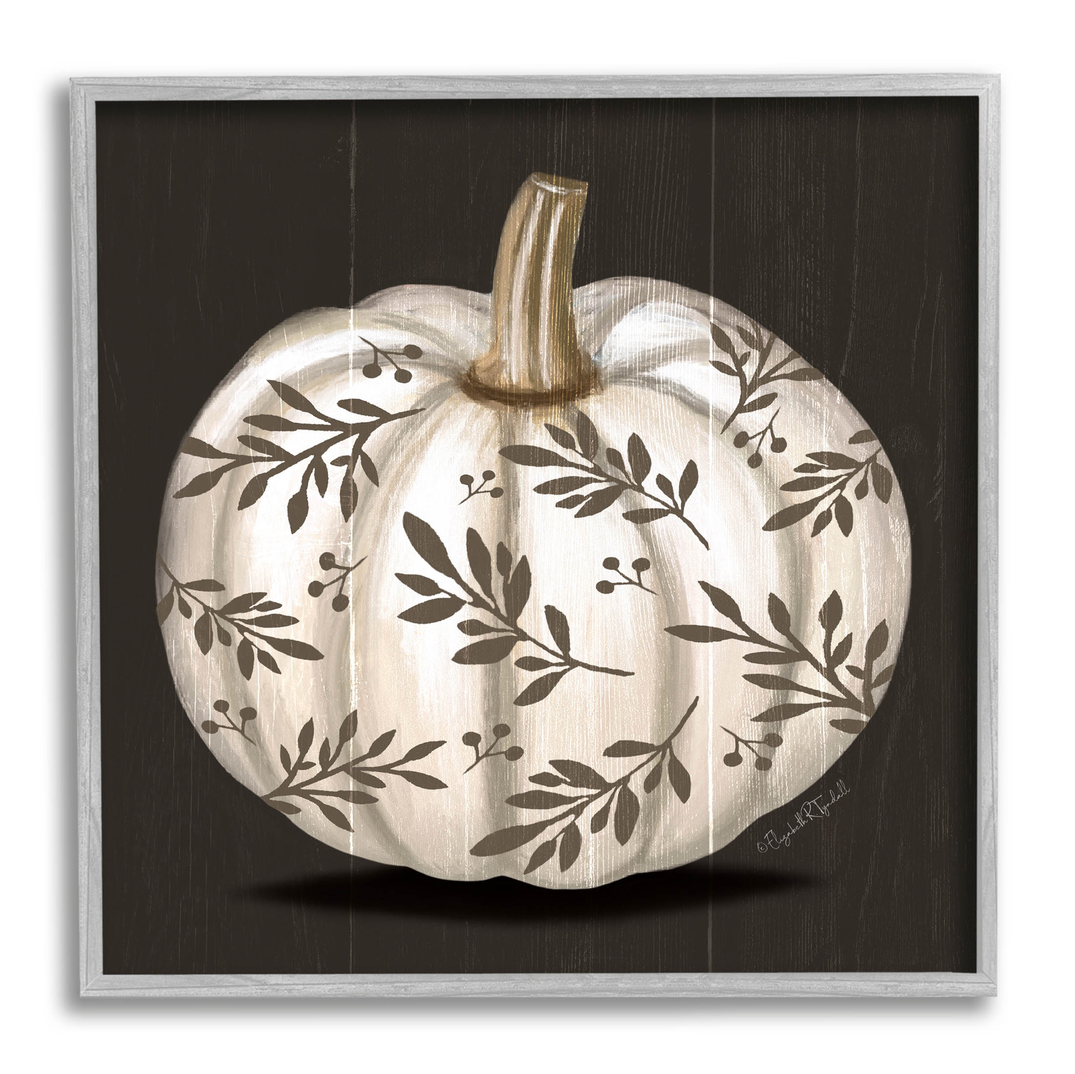 Stupell Industries Leaf Patterned Fall Pumpkin Graphic Art Gray Framed Art Print Wall Art, Design by Elizabeth Tyndall