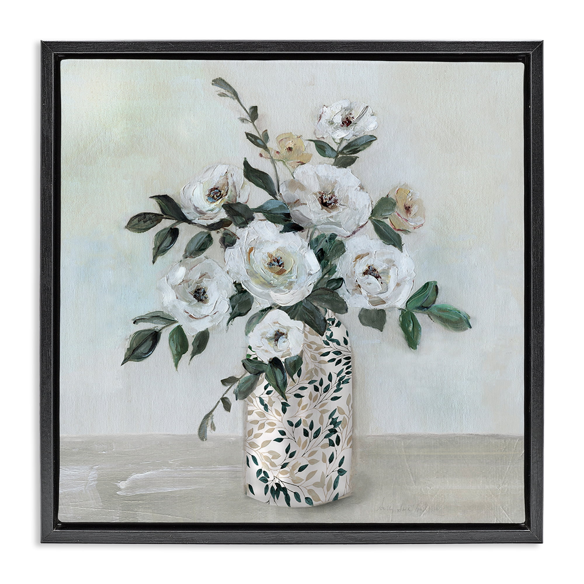 Stupell Industries Leaf Patterned Flower Vase Black Framed Floater Canvas Wall Art, design by Sally Swatland