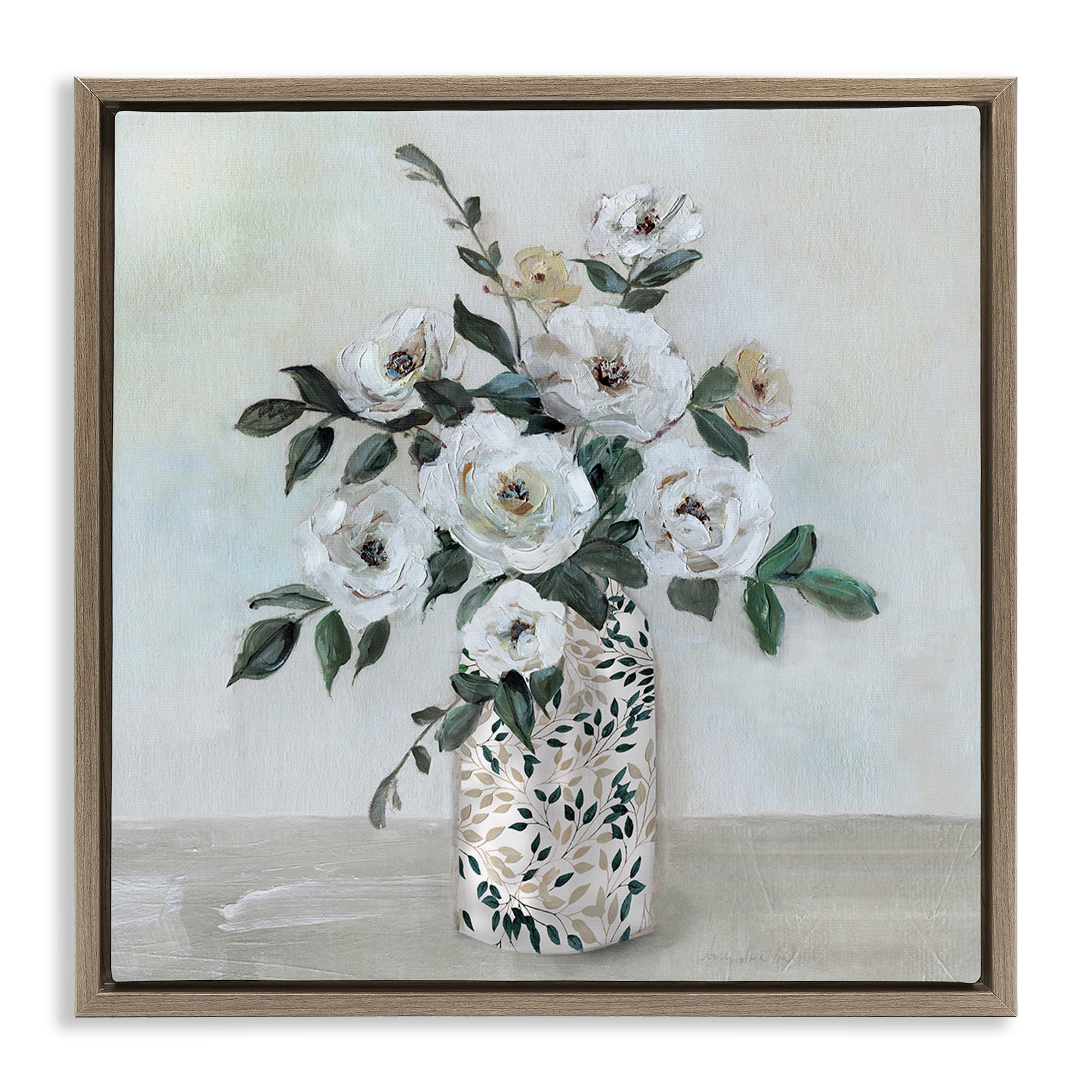 Stupell Industries Leaf Patterned Flower Vase Brown Framed Floater Canvas Wall Art, design by Sally Swatland