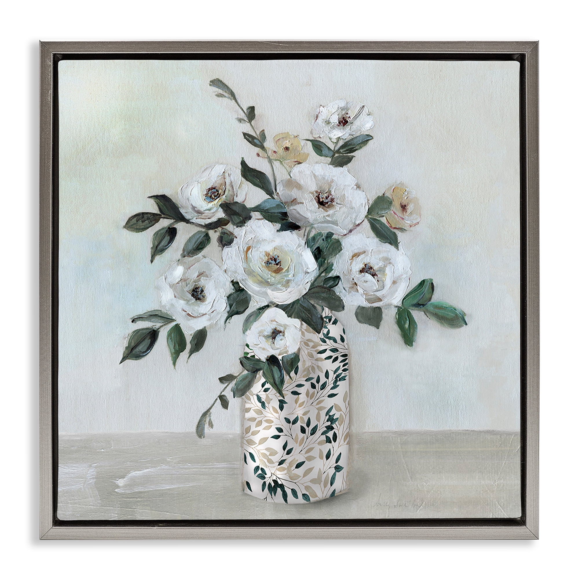 Stupell Industries Leaf Patterned Flower Vase Gray Framed Floater Canvas Wall Art, design by Sally Swatland