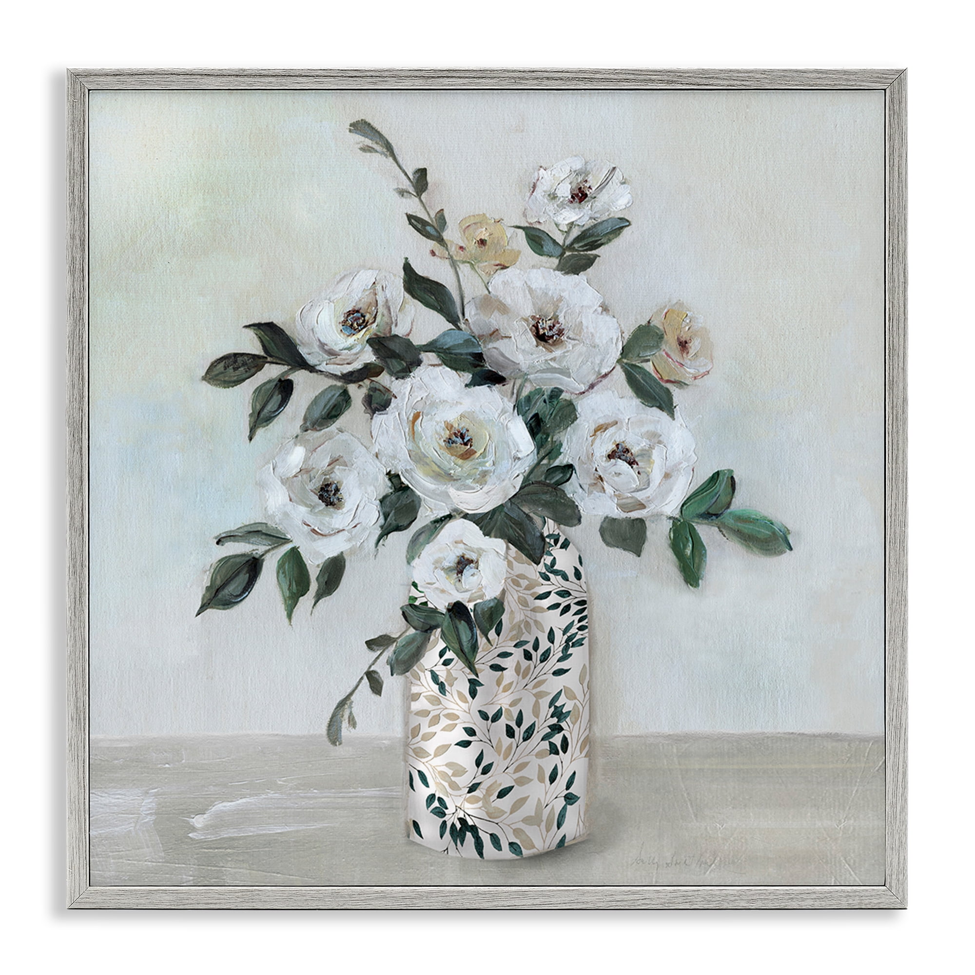 Stupell Industries Leaf Patterned Flower Vase Gray Framed Giclee Art, design by Sally Swatland
