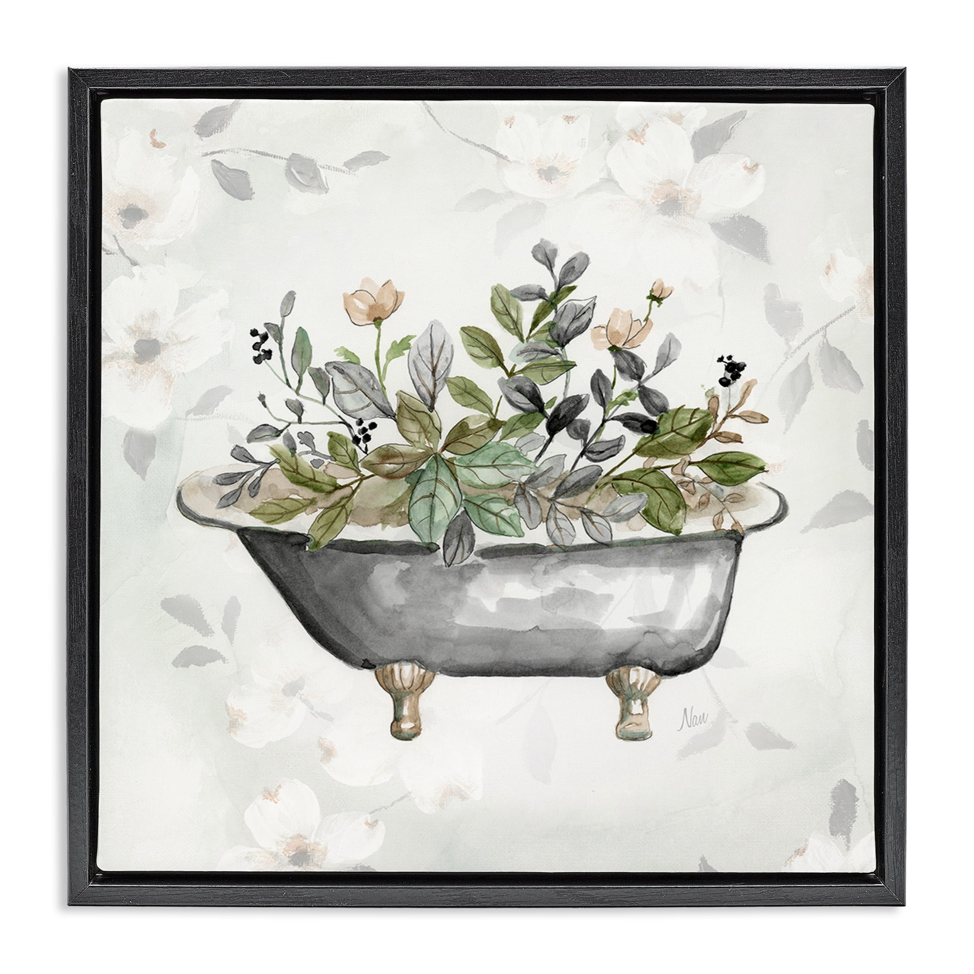 Stupell Industries Leaf Patterned Tub Typography Painting Black Floater Framed Canvas Art Print Wall Art, 25 x 25