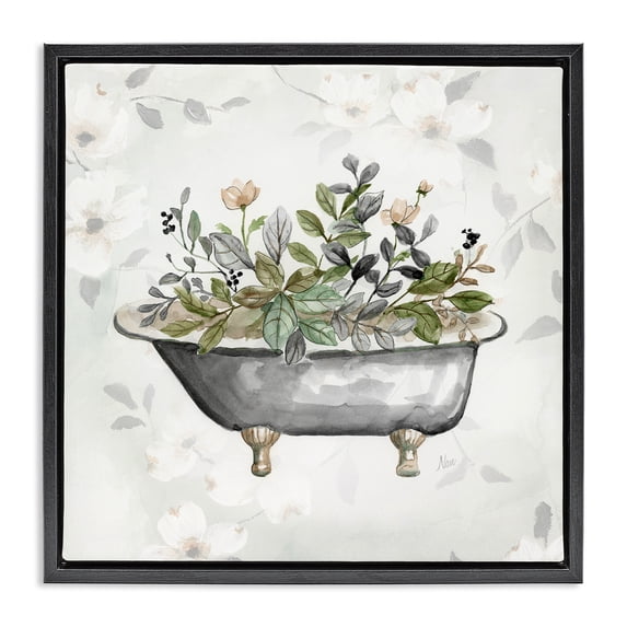 Stupell Industries Leaf Patterned Tub Typography Painting Black Floater Framed Canvas Art Print Wall Art, 25 x 25