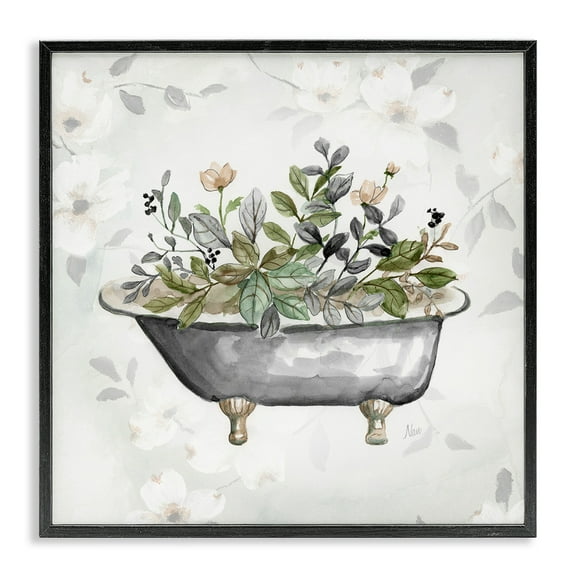 Stupell Industries Leaf Patterned Tub Typography Painting Black Framed Art Print Wall Art, 12 x 12
