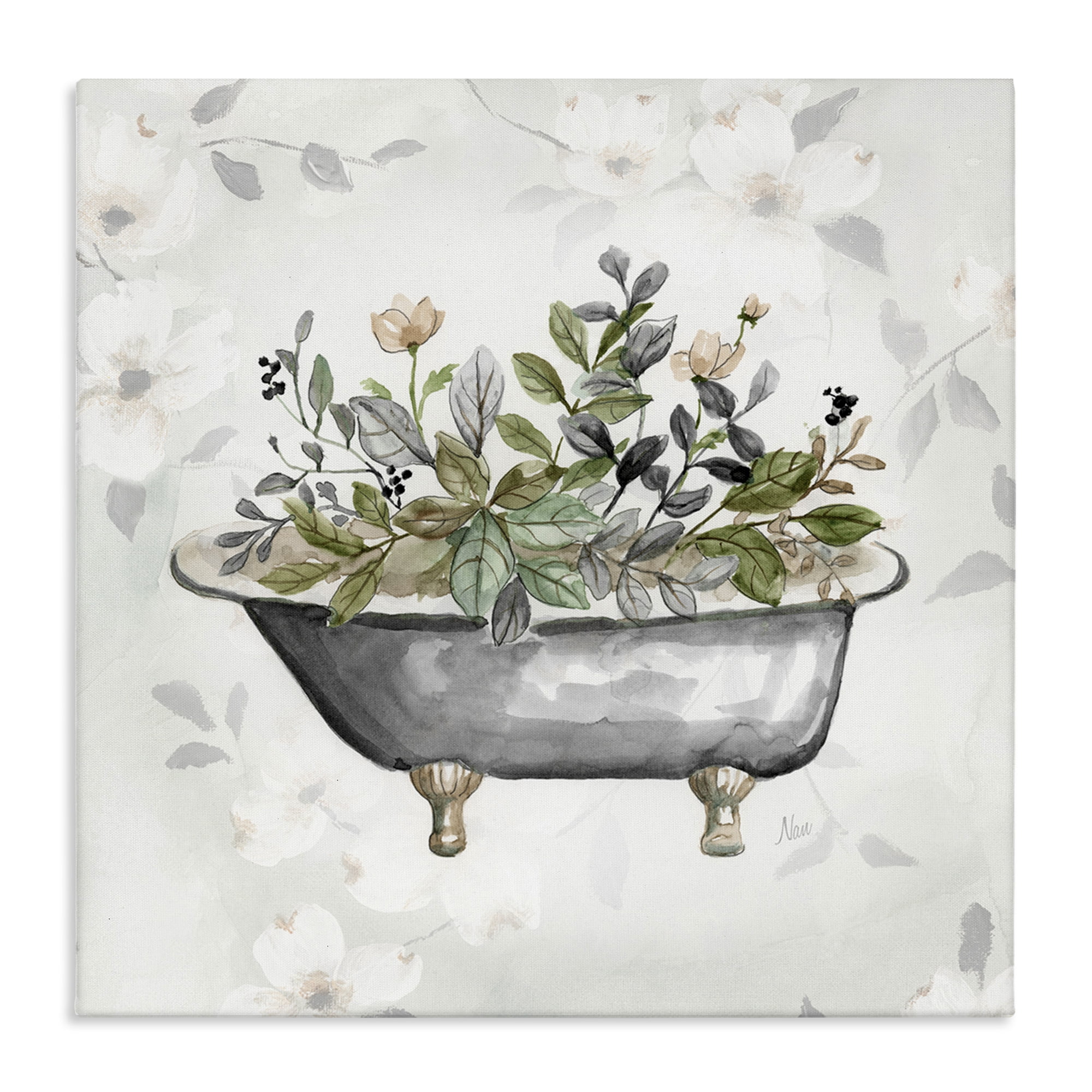 Stupell Industries Leaf Patterned Tub Typography Painting Gallery Wrapped Canvas Art Print Wall Art, 17 x 17