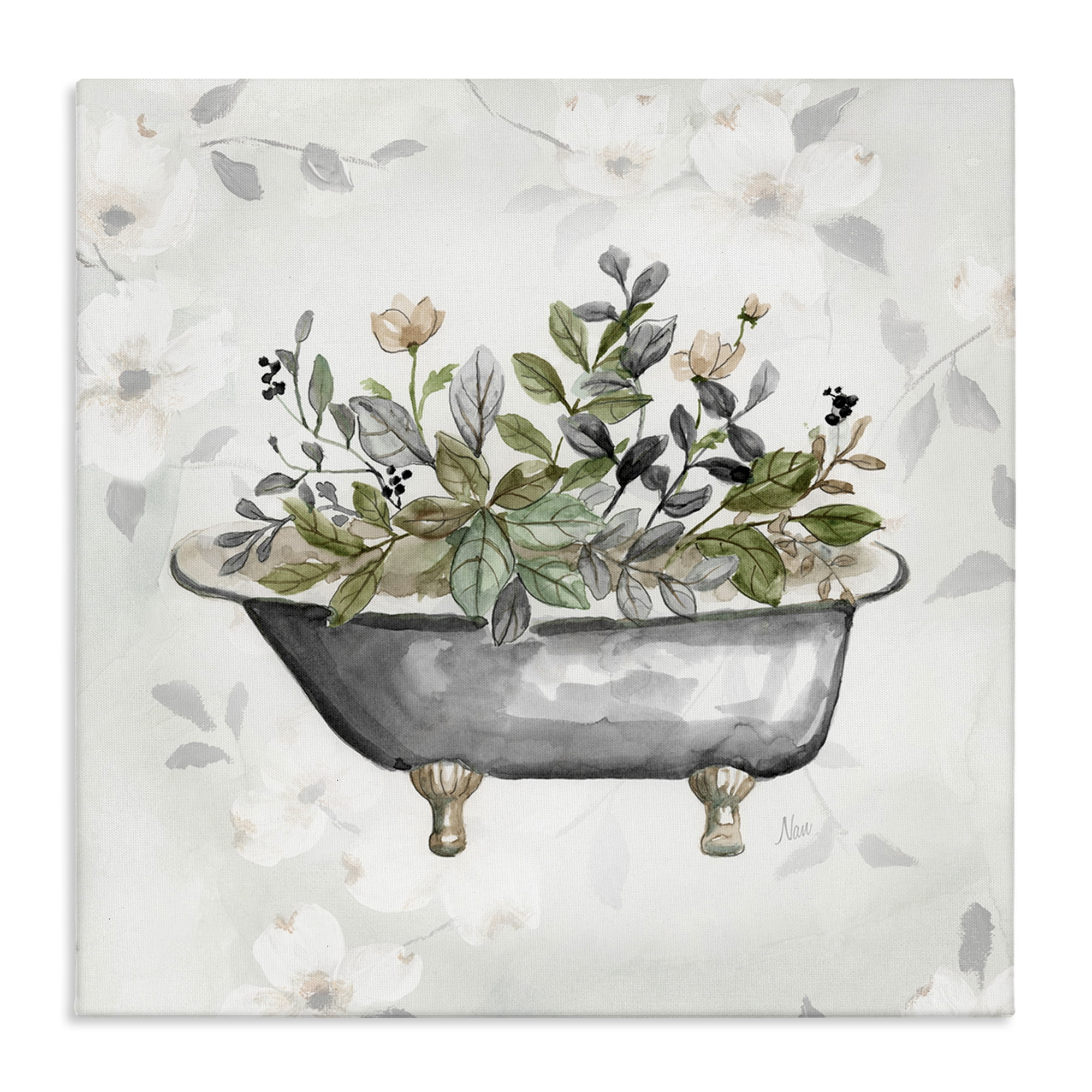 Stupell Industries Leaf Patterned Tub Typography Painting Gallery Wrapped Canvas Art Print Wall Art, 36 x 36