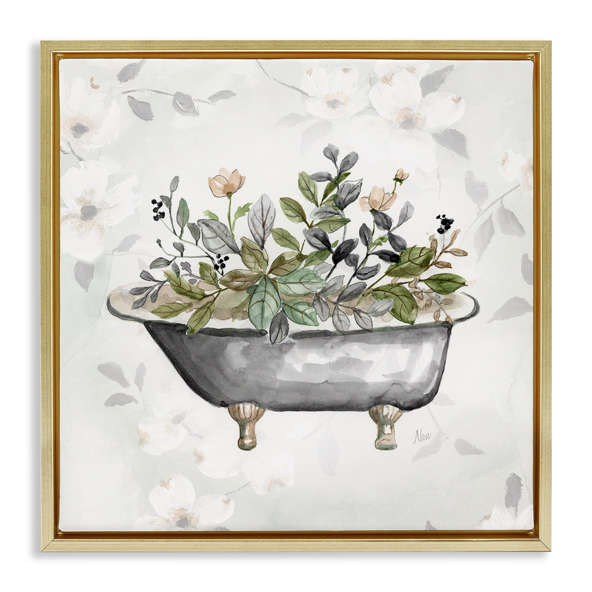 Stupell Industries Leaf Patterned Tub Typography Painting Gold Floater Framed Canvas Art Print Wall Art, 18 x 18