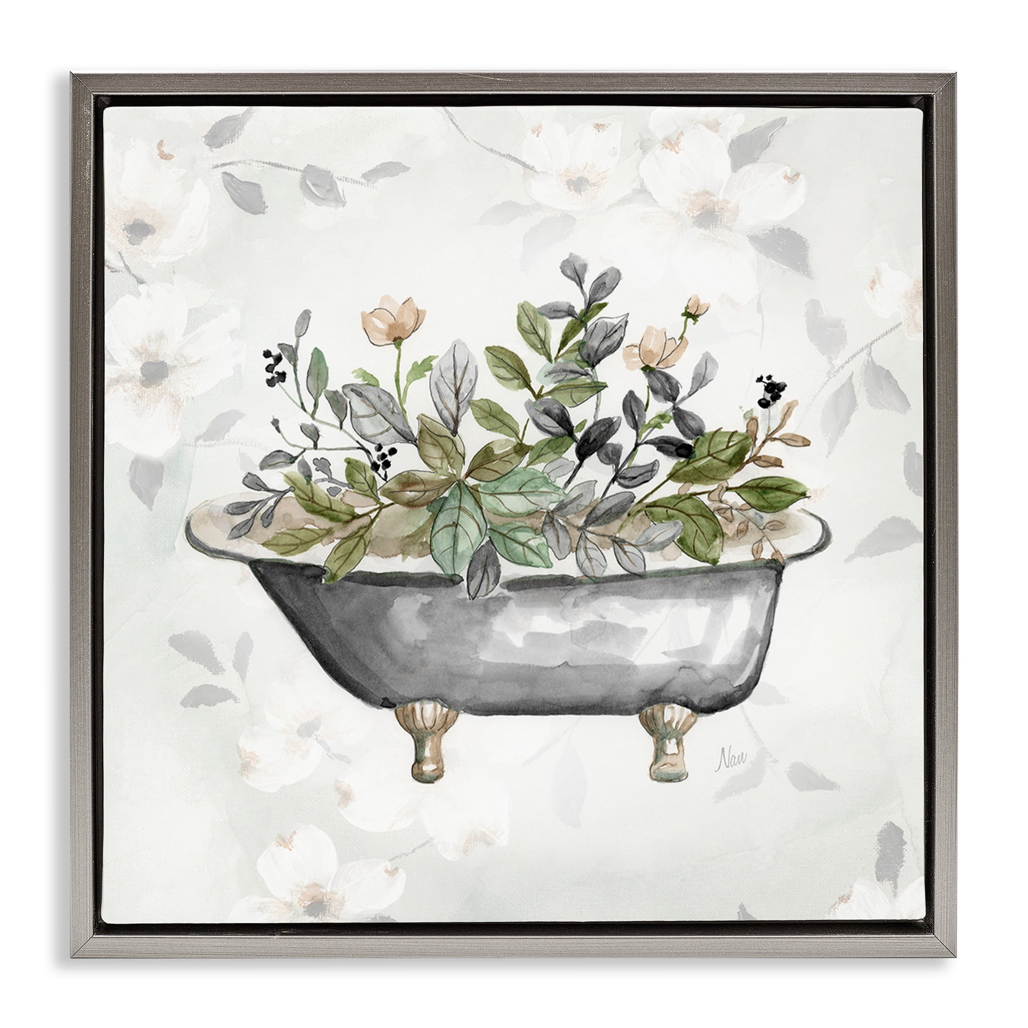 Stupell Industries Leaf Patterned Tub Typography Painting Gray Floater Framed Canvas Art Print Wall Art, 18 x 18
