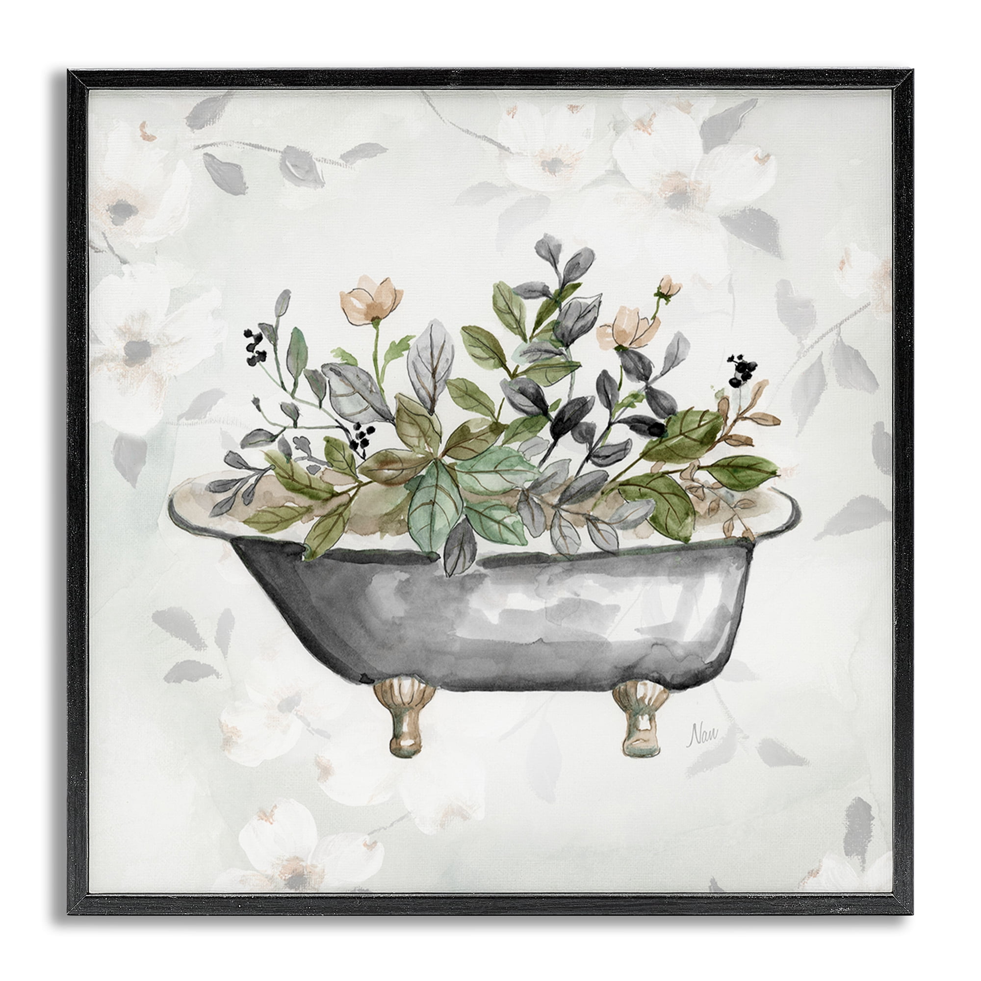 Stupell Industries Leaf Patterned Tub Typography Painting Gray Framed Art Print Wall Art, 12 x 12