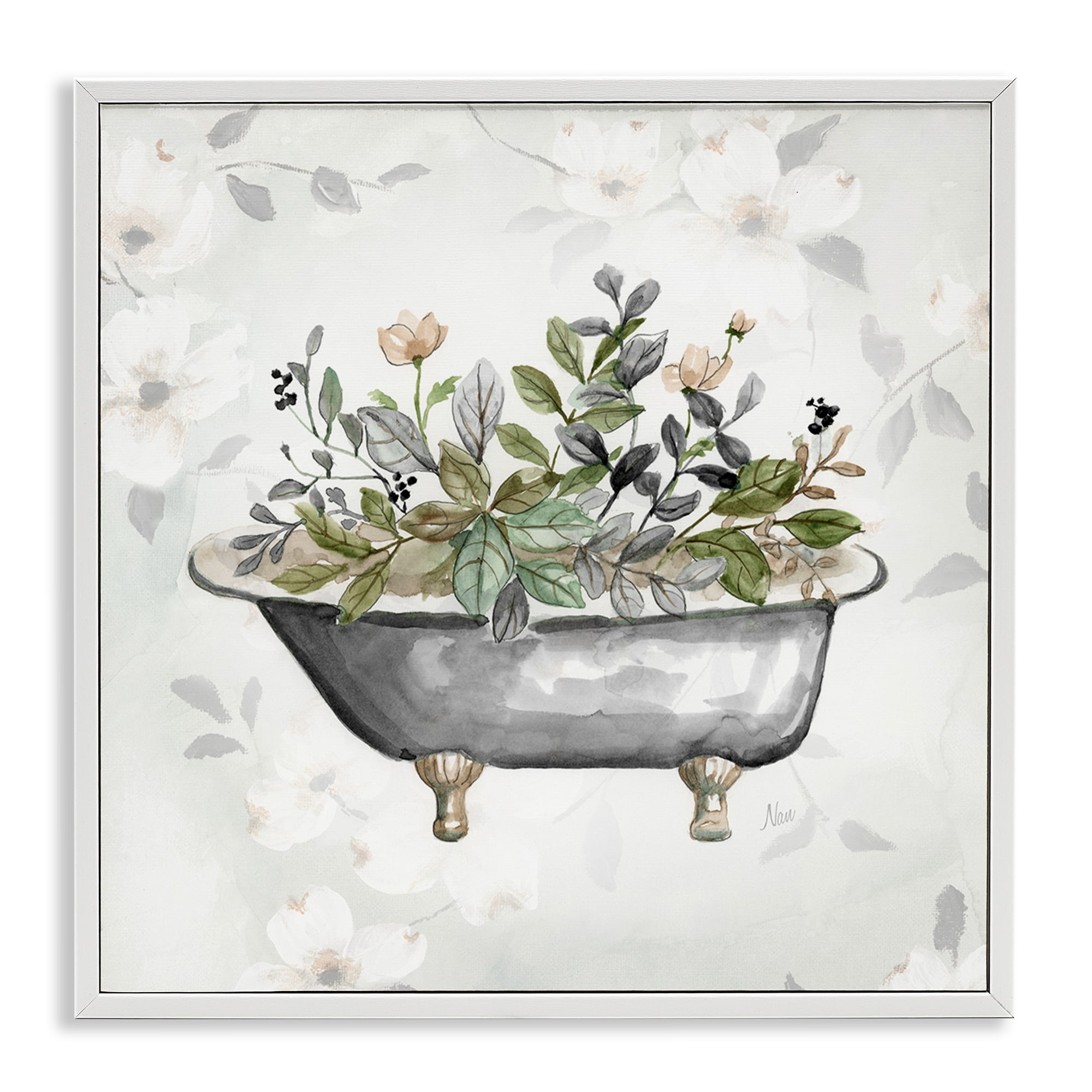 Stupell Industries Leaf Patterned Tub Typography Painting White Framed Art Print Wall Art, 17 x 17