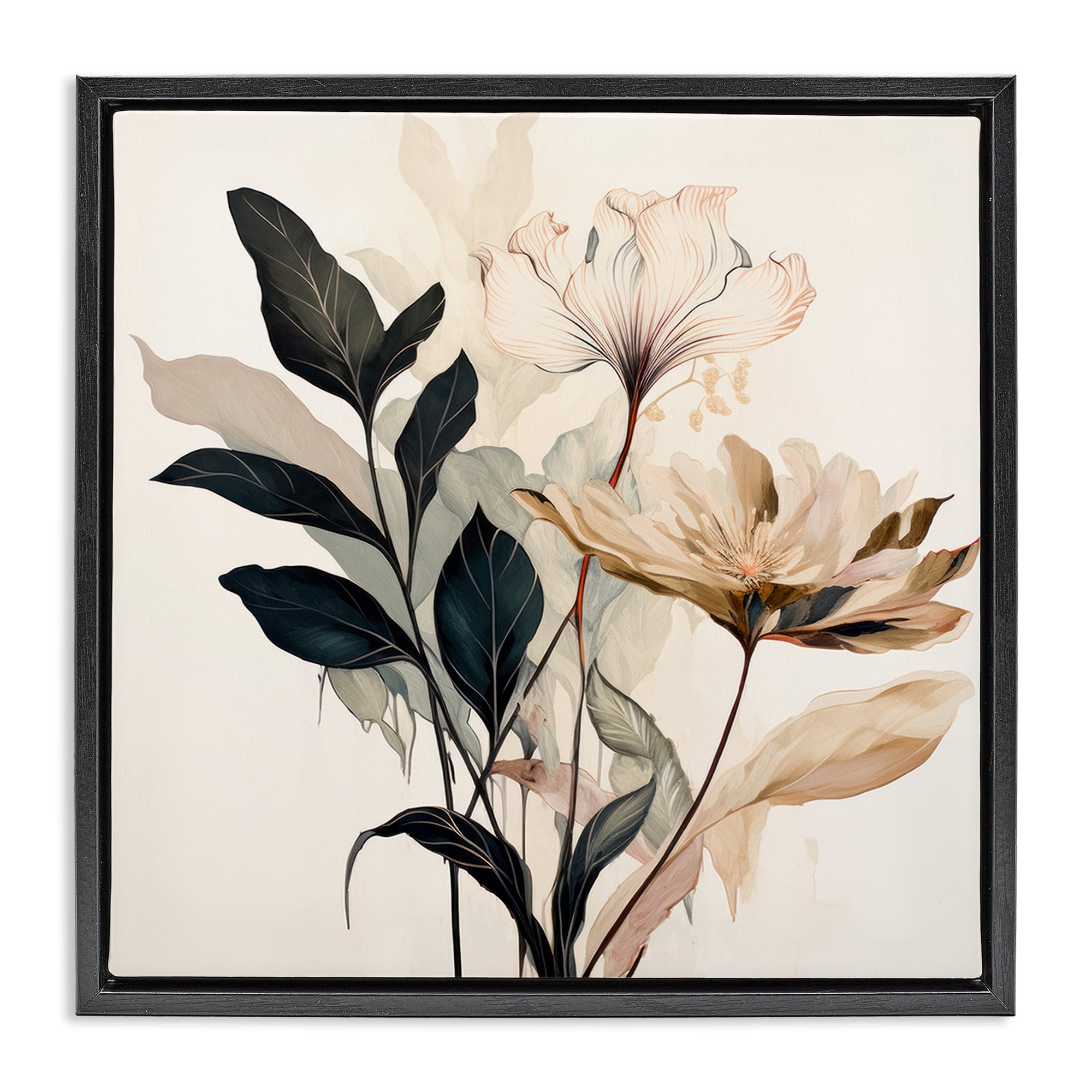 Stupell Industries Leaf Sprig & Flower Plants & Flowers Painting Black Floater Framed Canvas Art Print Wall Art, 18 x 18