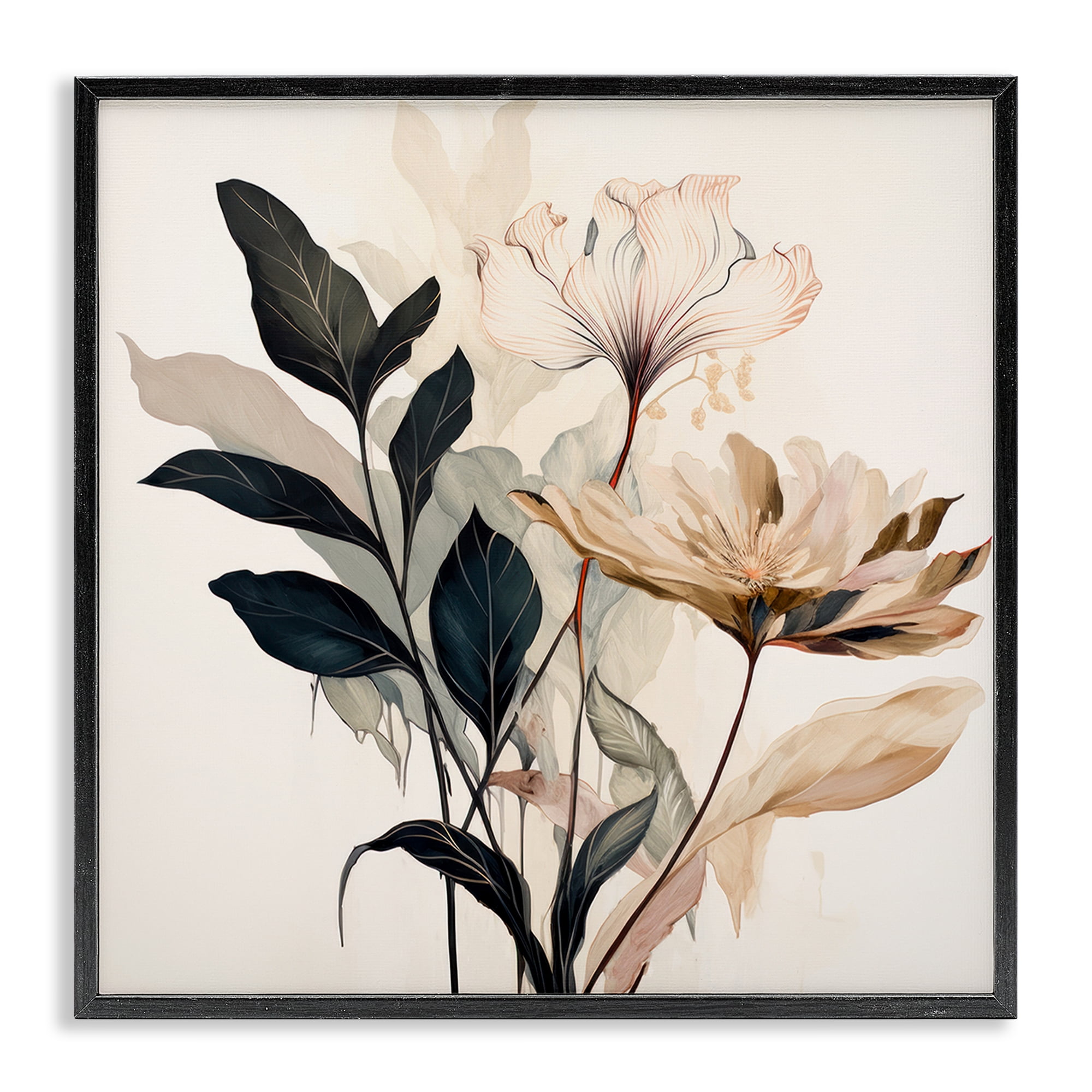 Stupell Industries Leaf Sprig & Flower Plants & Flowers Painting Black Framed Art Print Wall Art, 17 x 17