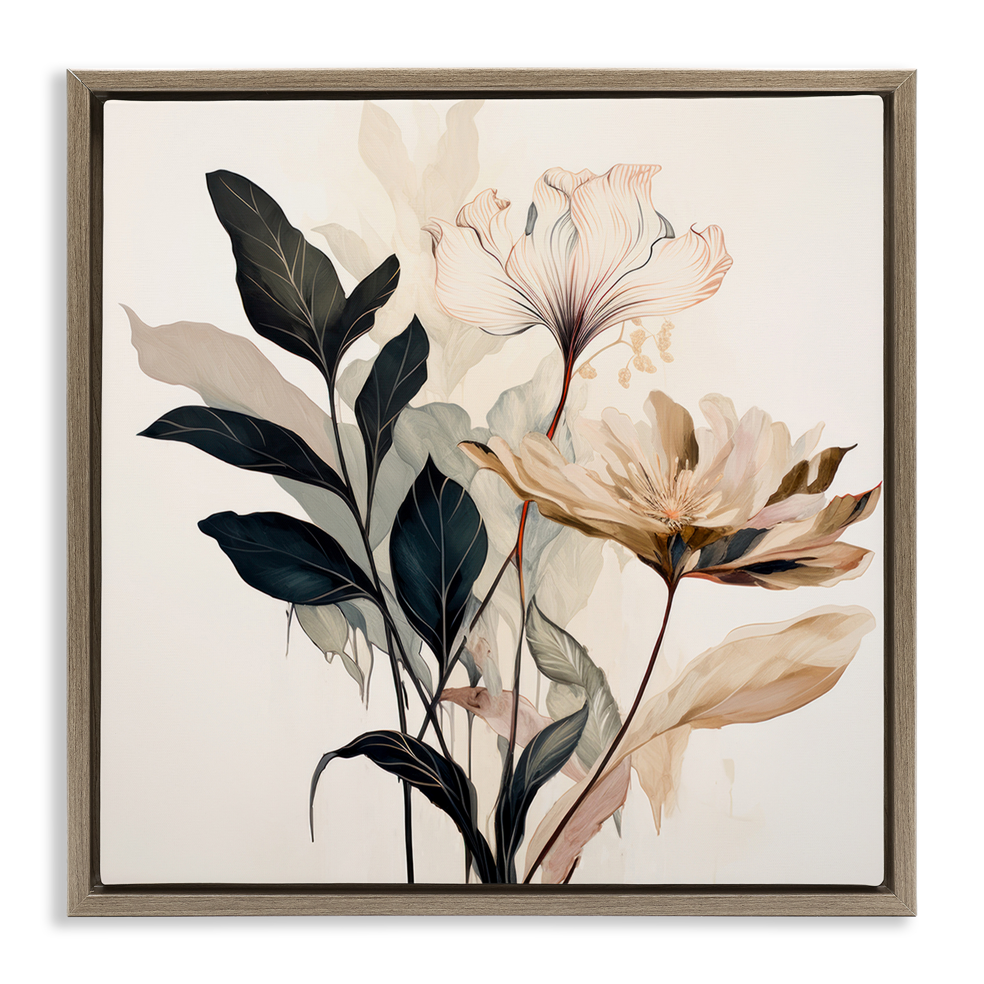 Stupell Industries Leaf Sprig & Flower Plants & Flowers Painting Brown Floater Framed Canvas Art Print Wall Art, 25 x 25