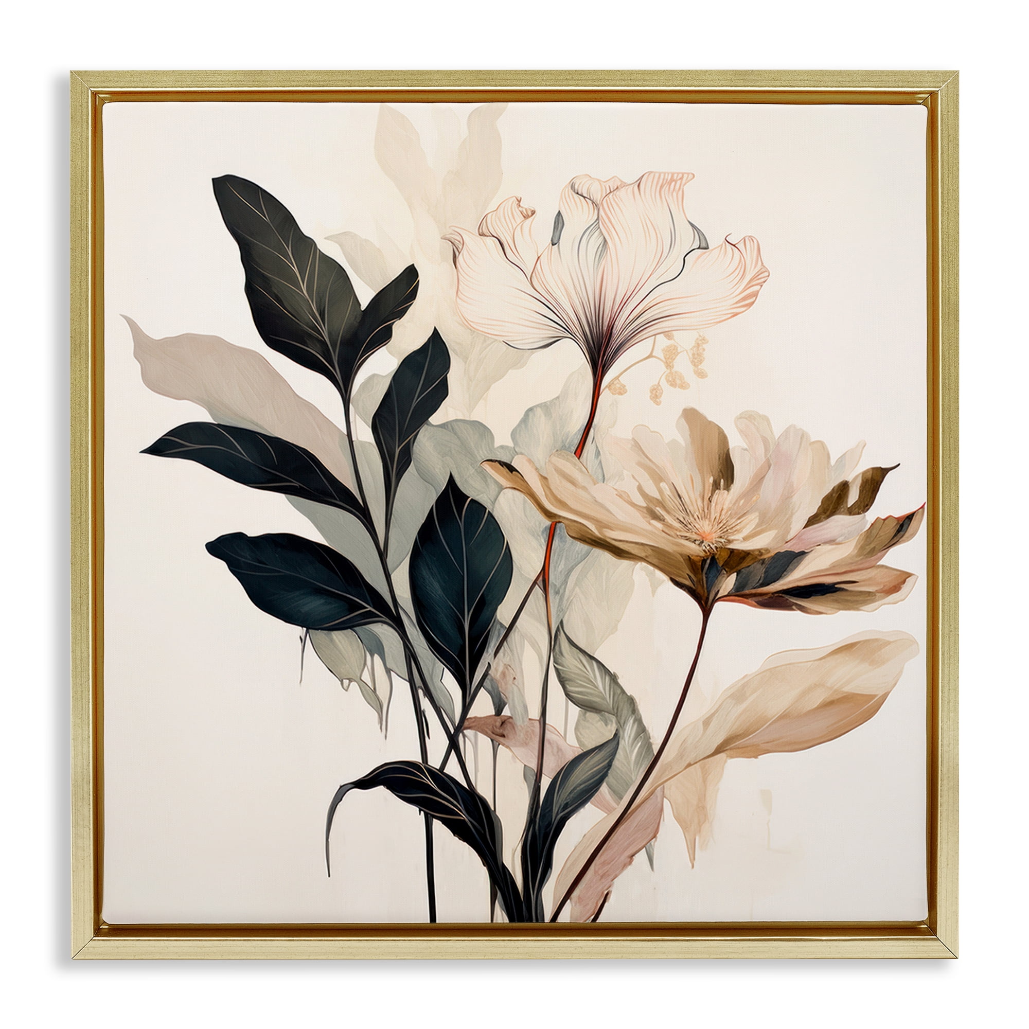 Stupell Industries Leaf Sprig & Flower Plants & Flowers Painting Gold Floater Framed Canvas Art Print Wall Art, 18 x 18