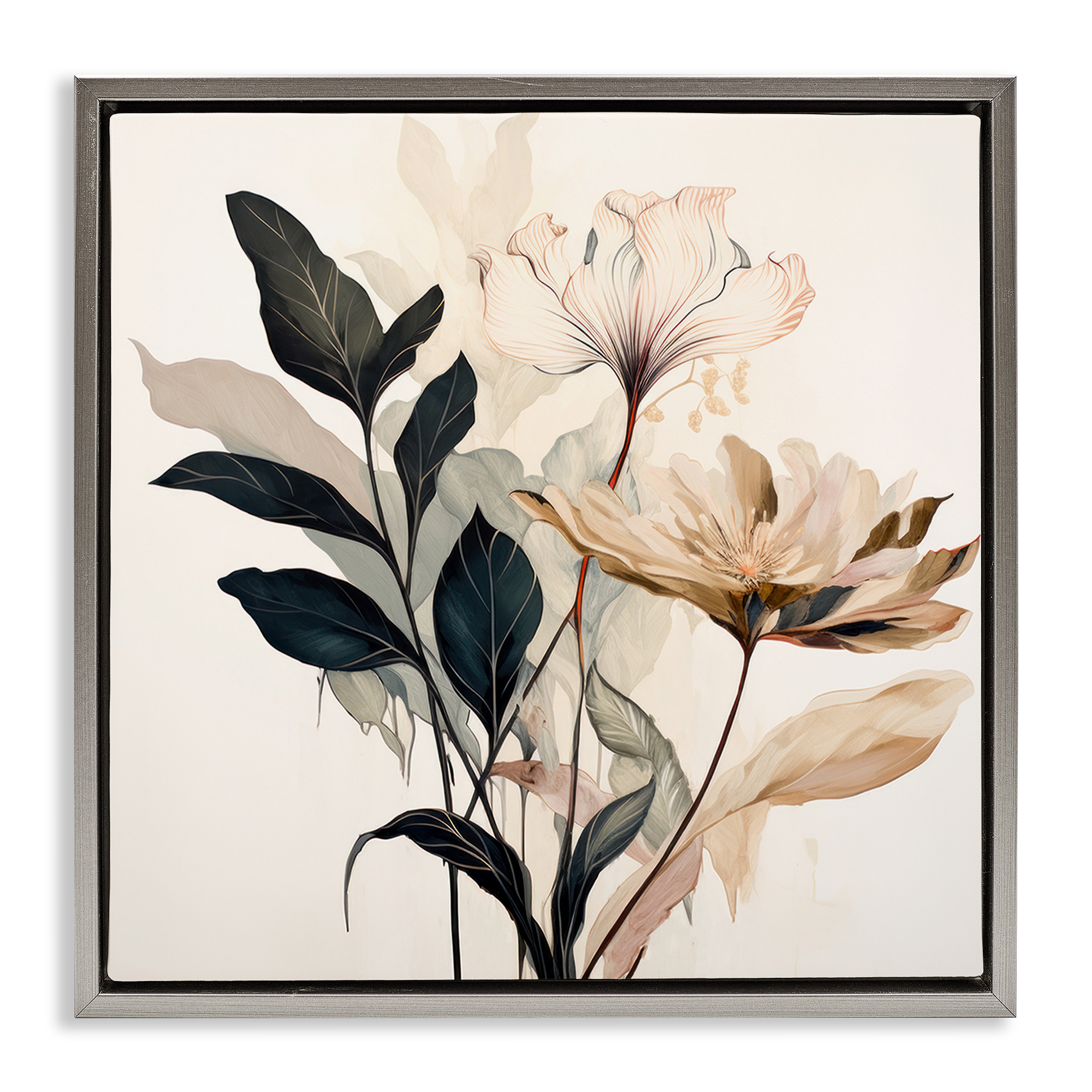 Stupell Industries Leaf Sprig & Flower Plants & Flowers Painting Gray Floater Framed Canvas Art Print Wall Art, 18 x 18