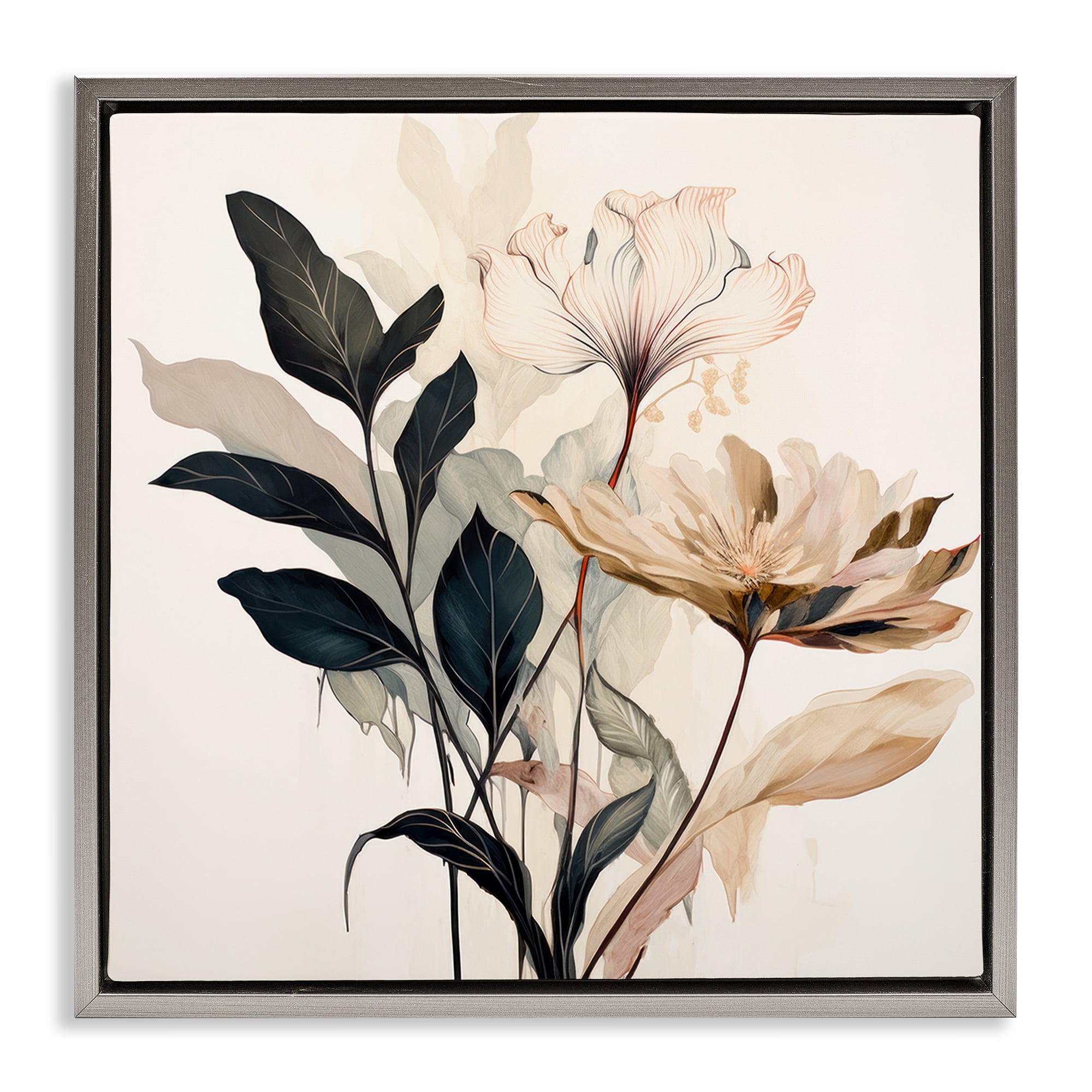 Stupell Industries Leaf Sprig & Flower Plants & Flowers Painting Gray Floater Framed Canvas Art Print Wall Art, 25 x 25