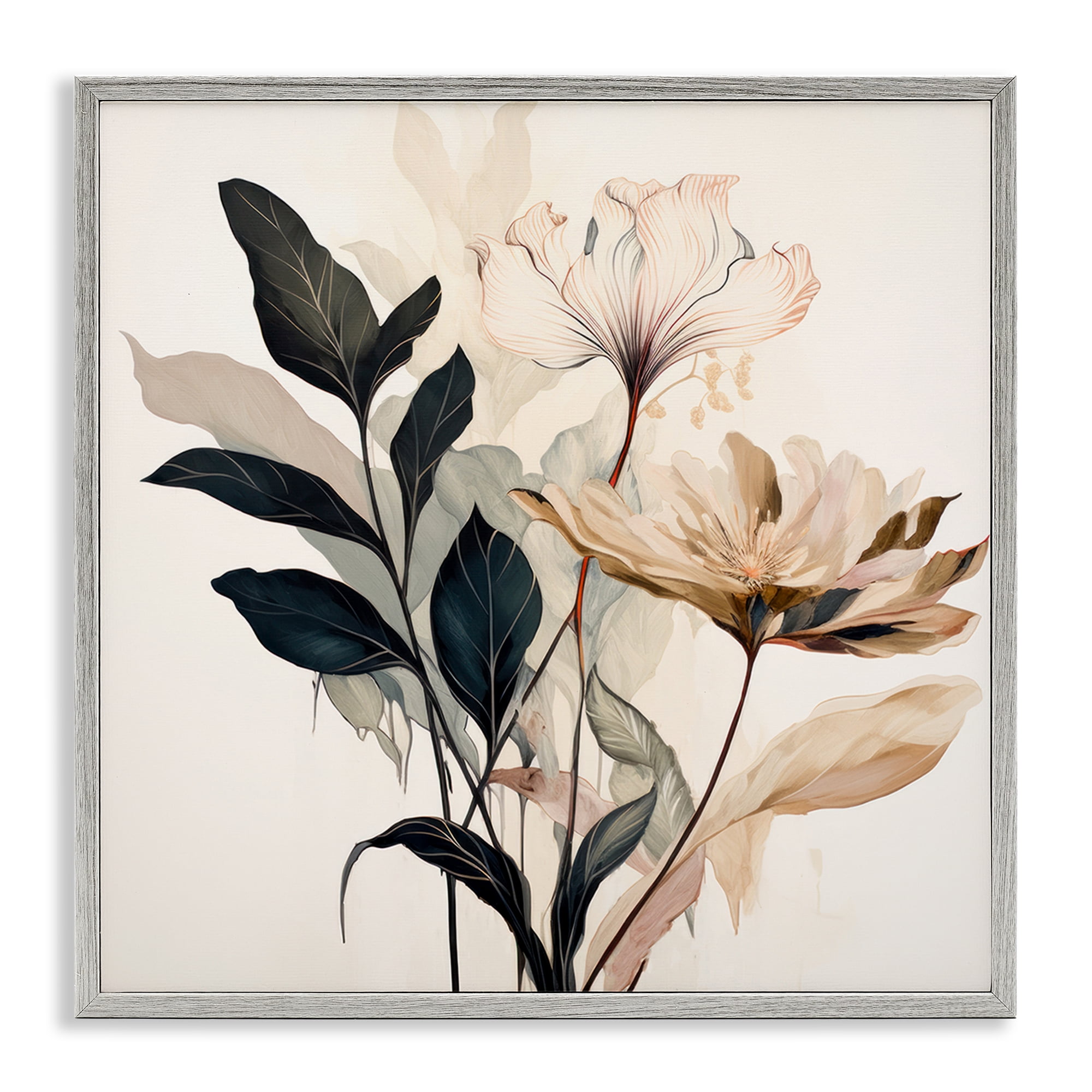 Stupell Industries Leaf Sprig & Flower Plants & Flowers Painting Gray Framed Art Print Wall Art, 12 x 12